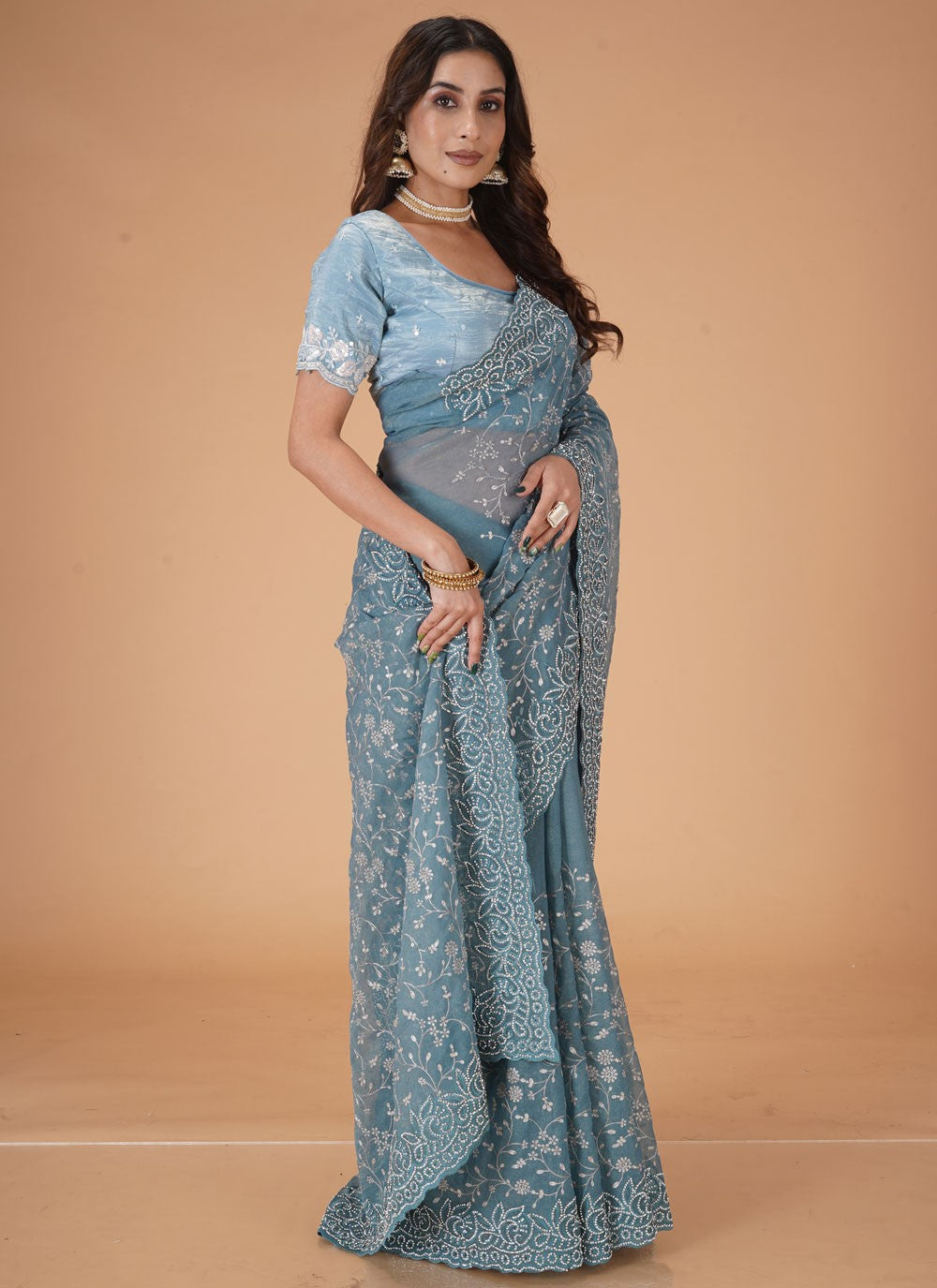 Cut Work Georgette Blue Designer Saree S15478