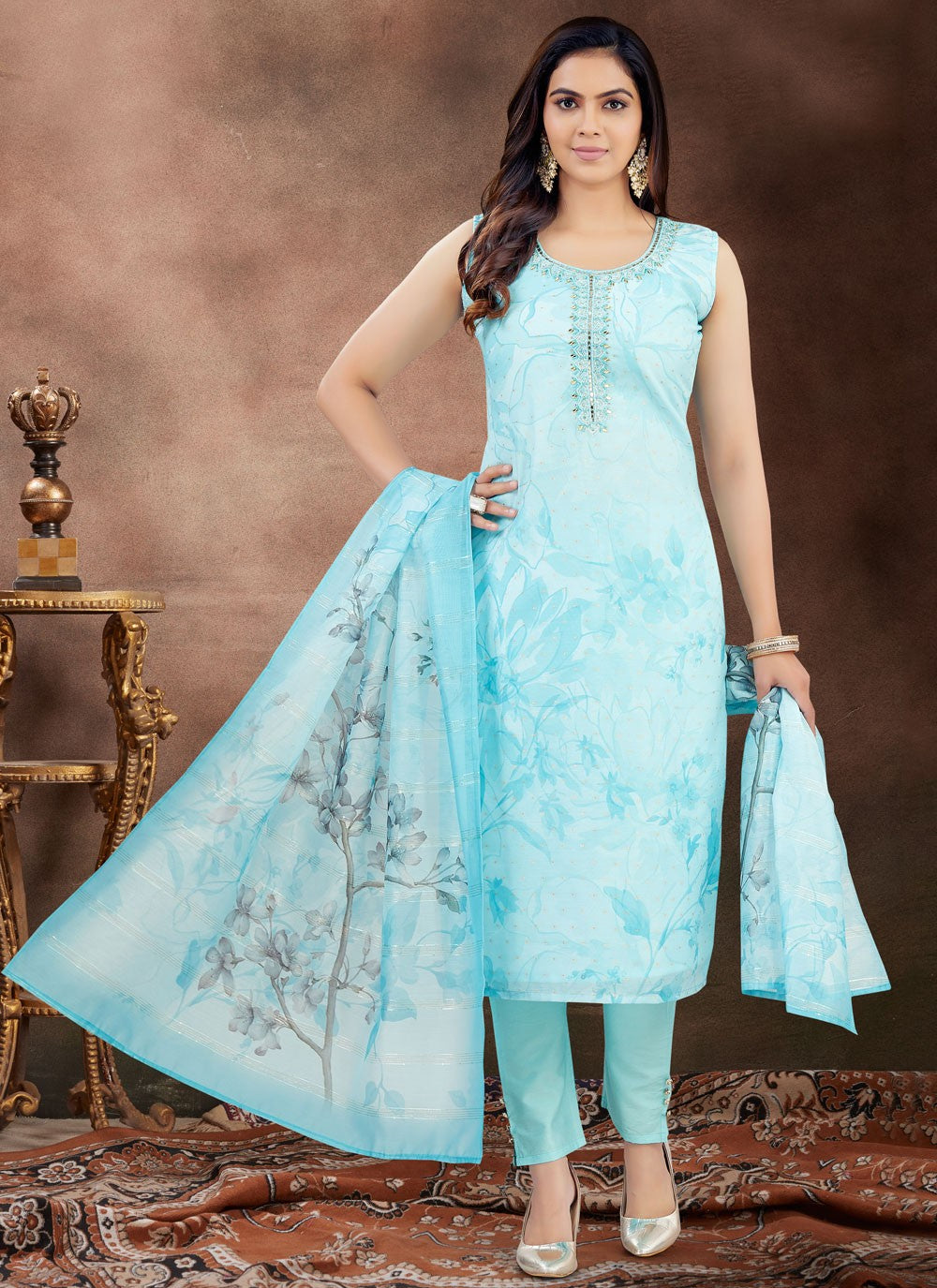 Pant Style Suit Floral Printed, Printed, Thread Blue T7425