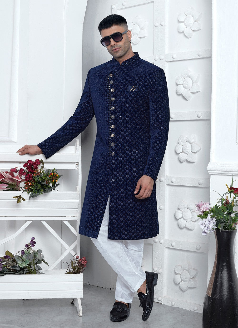 Machine Embroidery Silk, Velvet Blue Sherwani - M8259