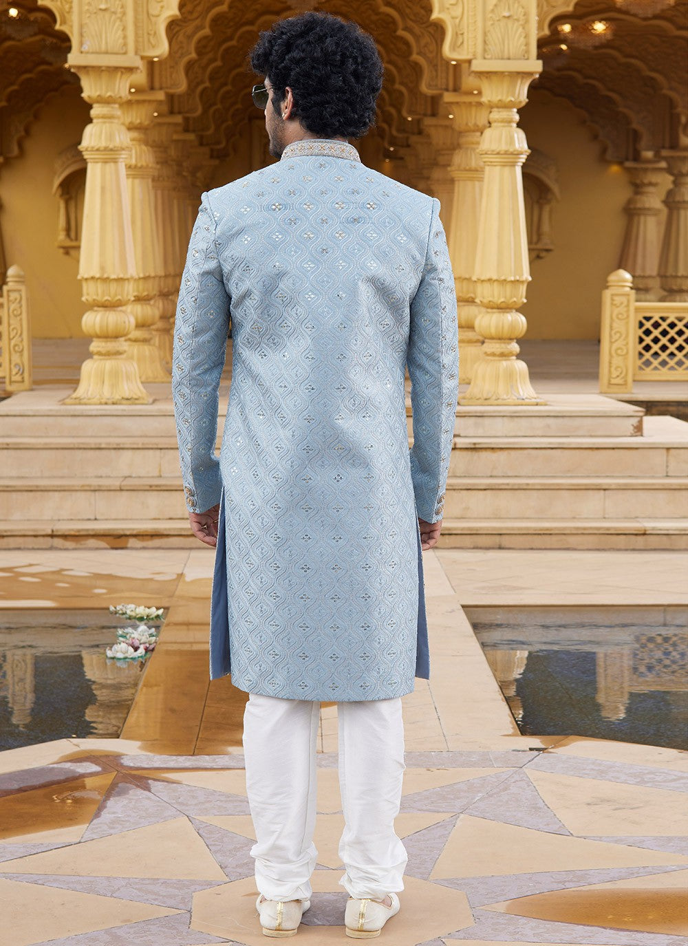 Machine Embroidery Art Silk Blue Sherwani - M6105