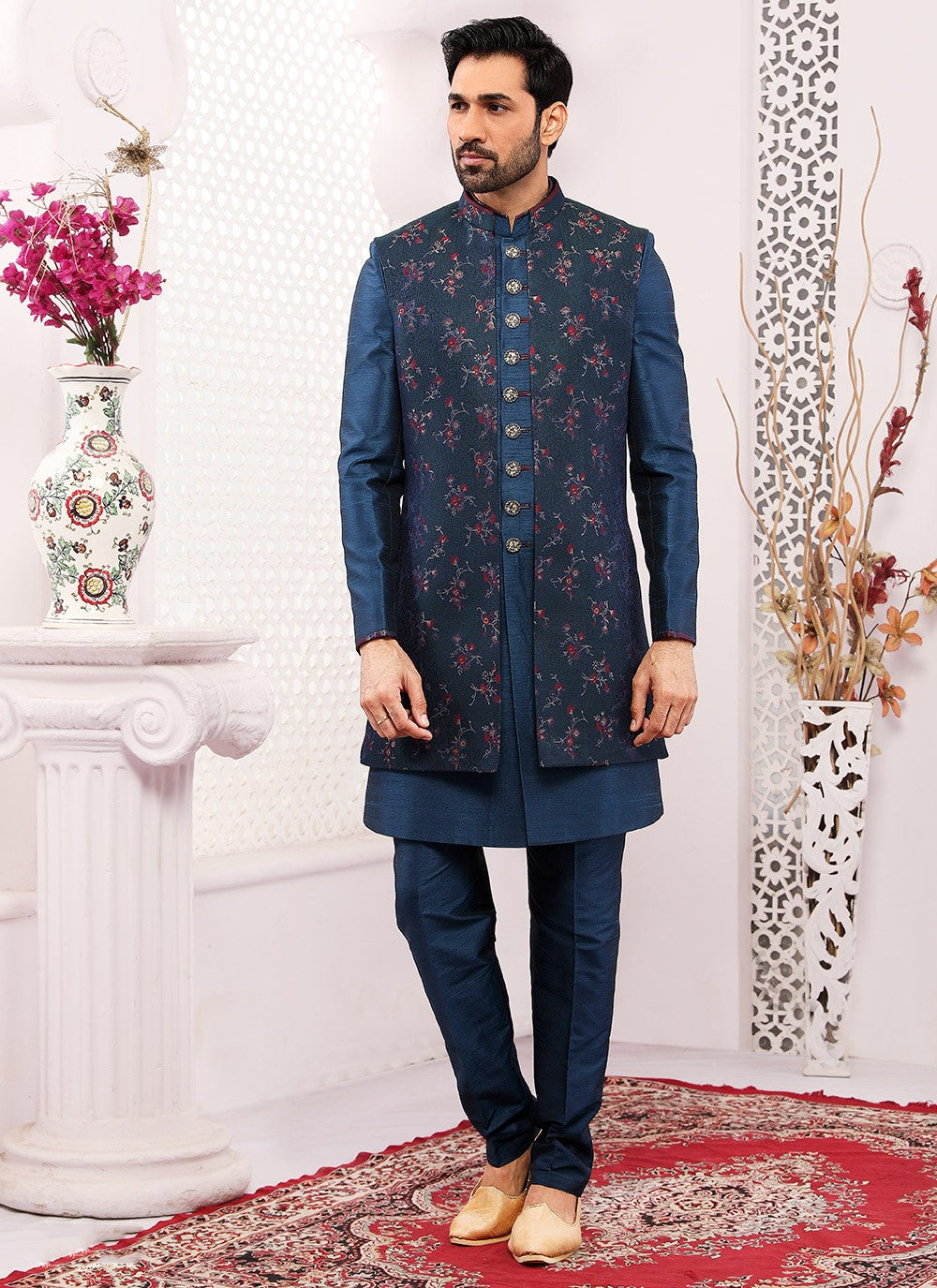 Embroidered Brocade, Jacquard Silk Blue Jacket Style - M3310