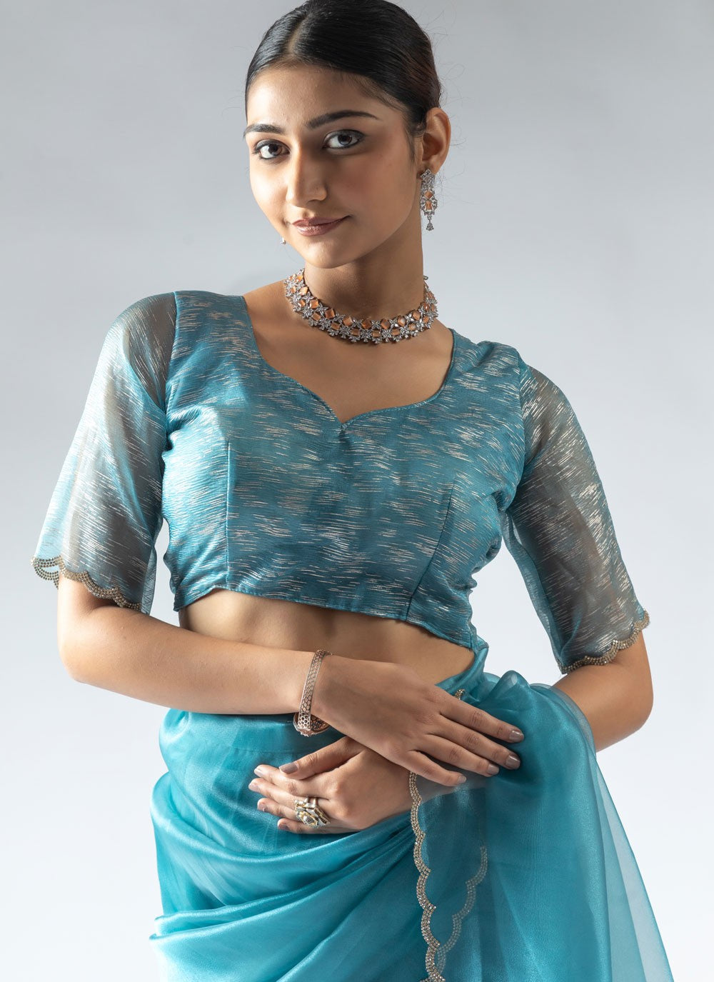 Border Work Organza Blue Traditional Saree S15594