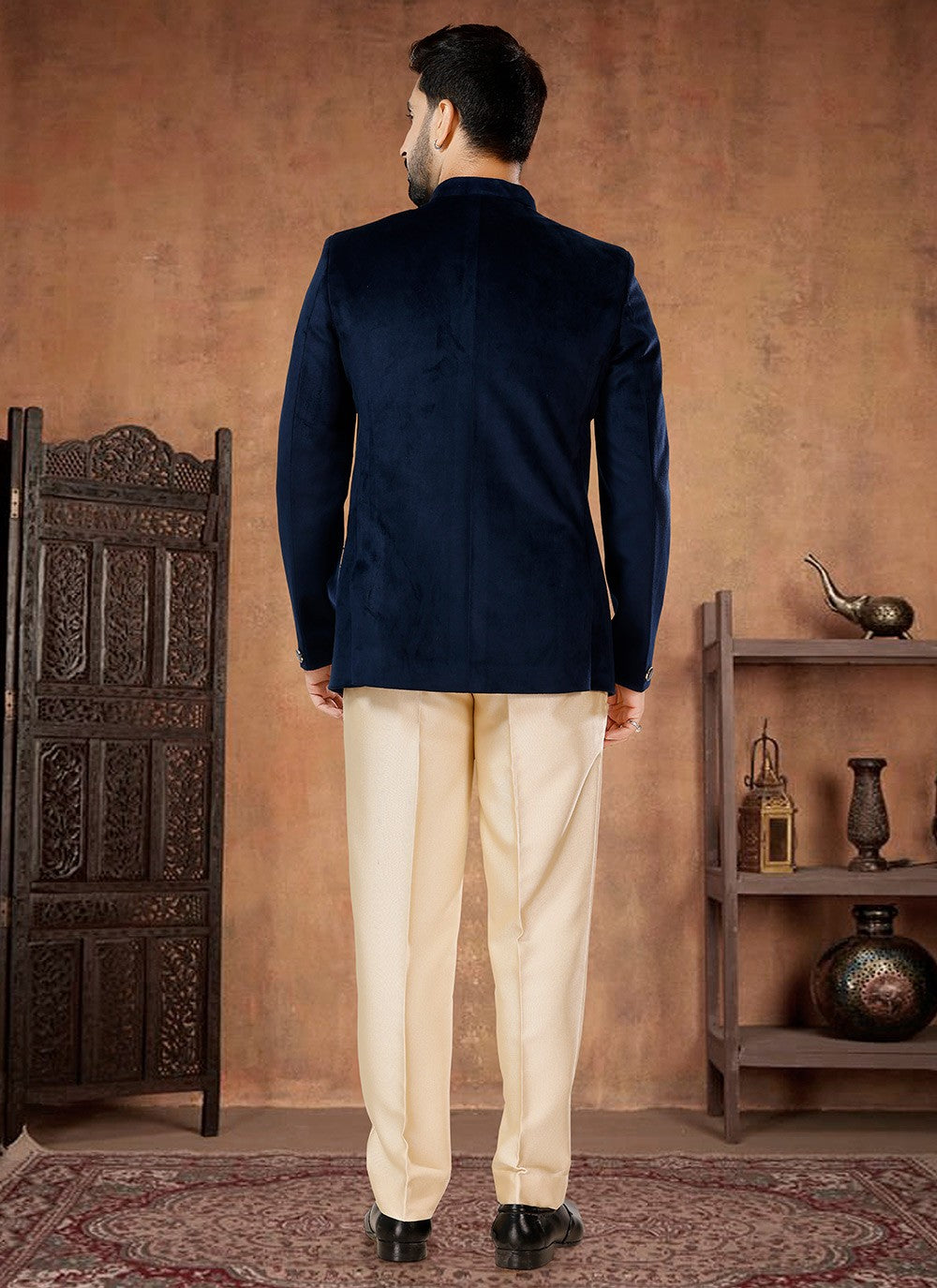 Buttons Velvet Blue Jodhpuri Suit - M7063