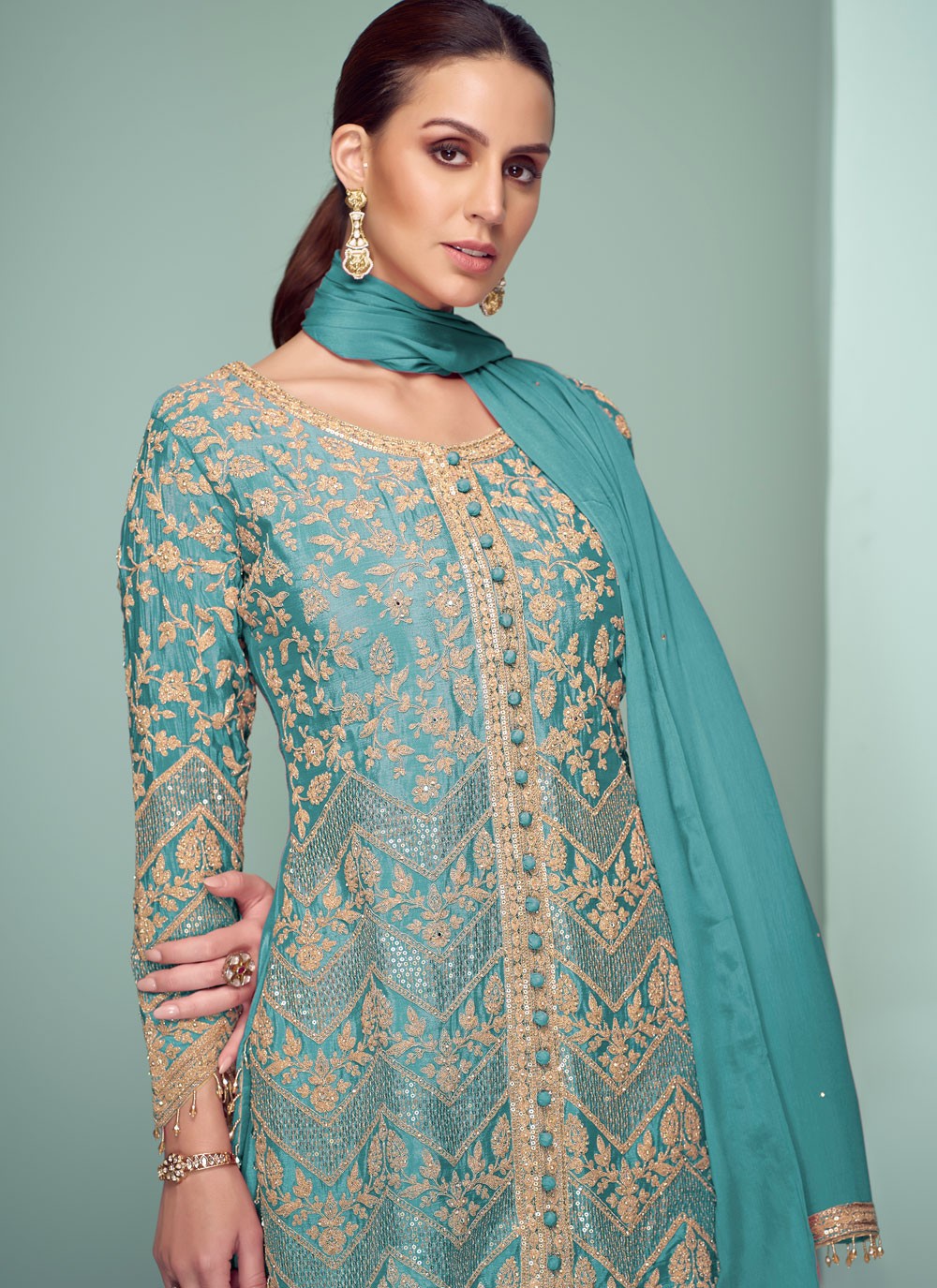 Palazzo Suit Embroidered, Sequins, Zari Blue T7373
