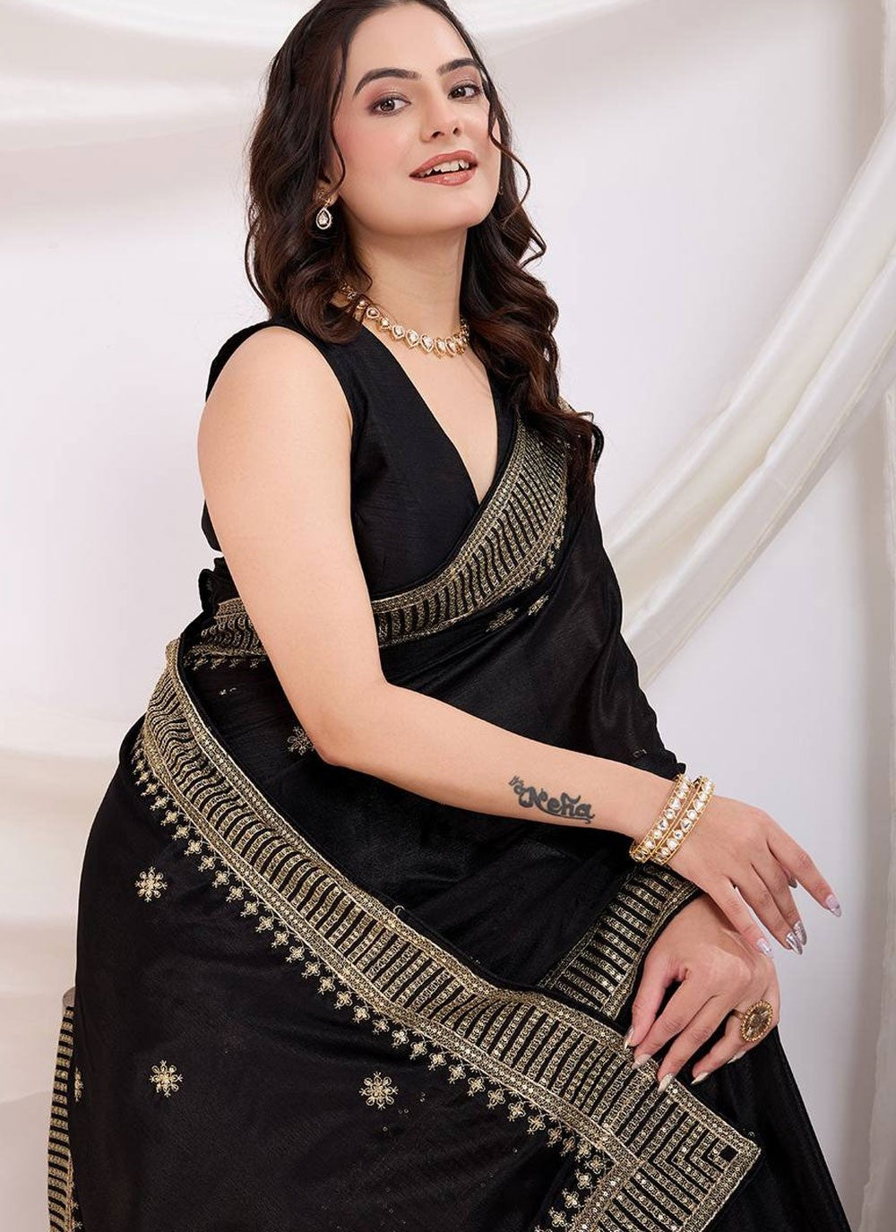 Contemporary Border Work Black Silk S12964