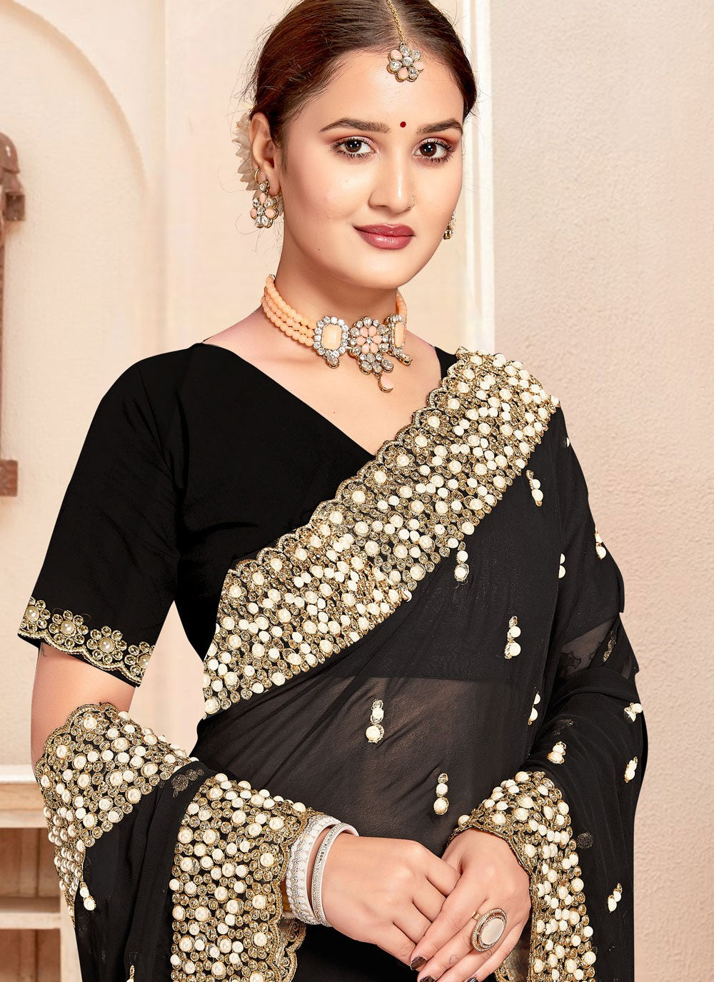 Border Work Georgette Black Saree S14638