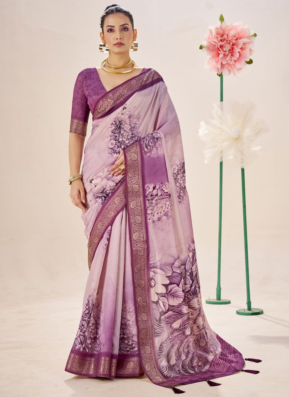 Mauve Silk Traditional Saree Border Work, Fancy Work, Printed, Weaving Zari S19081