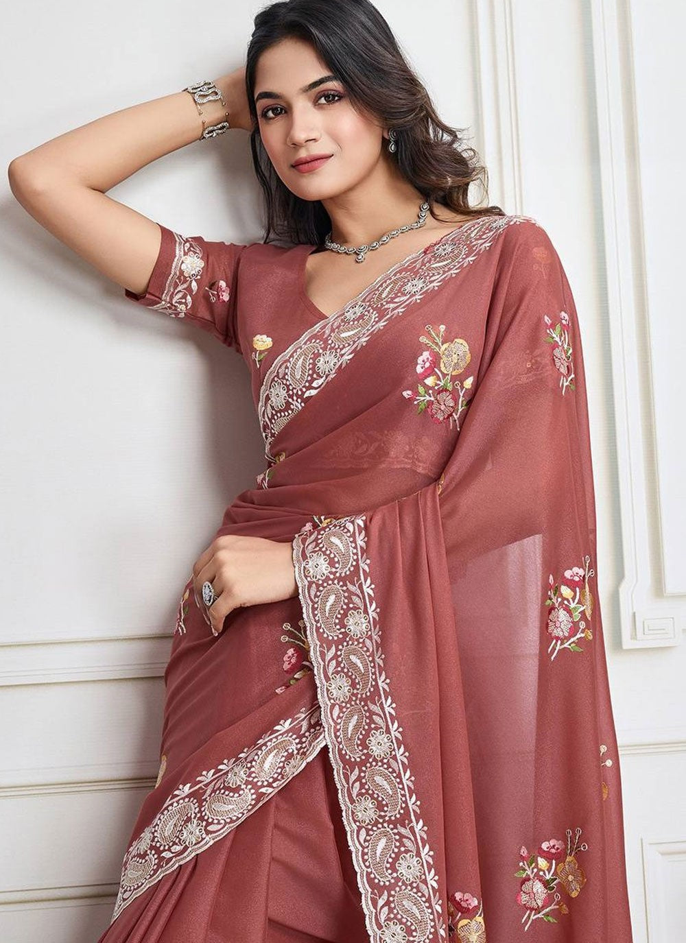 Border Work Georgette Brown Saree S14230