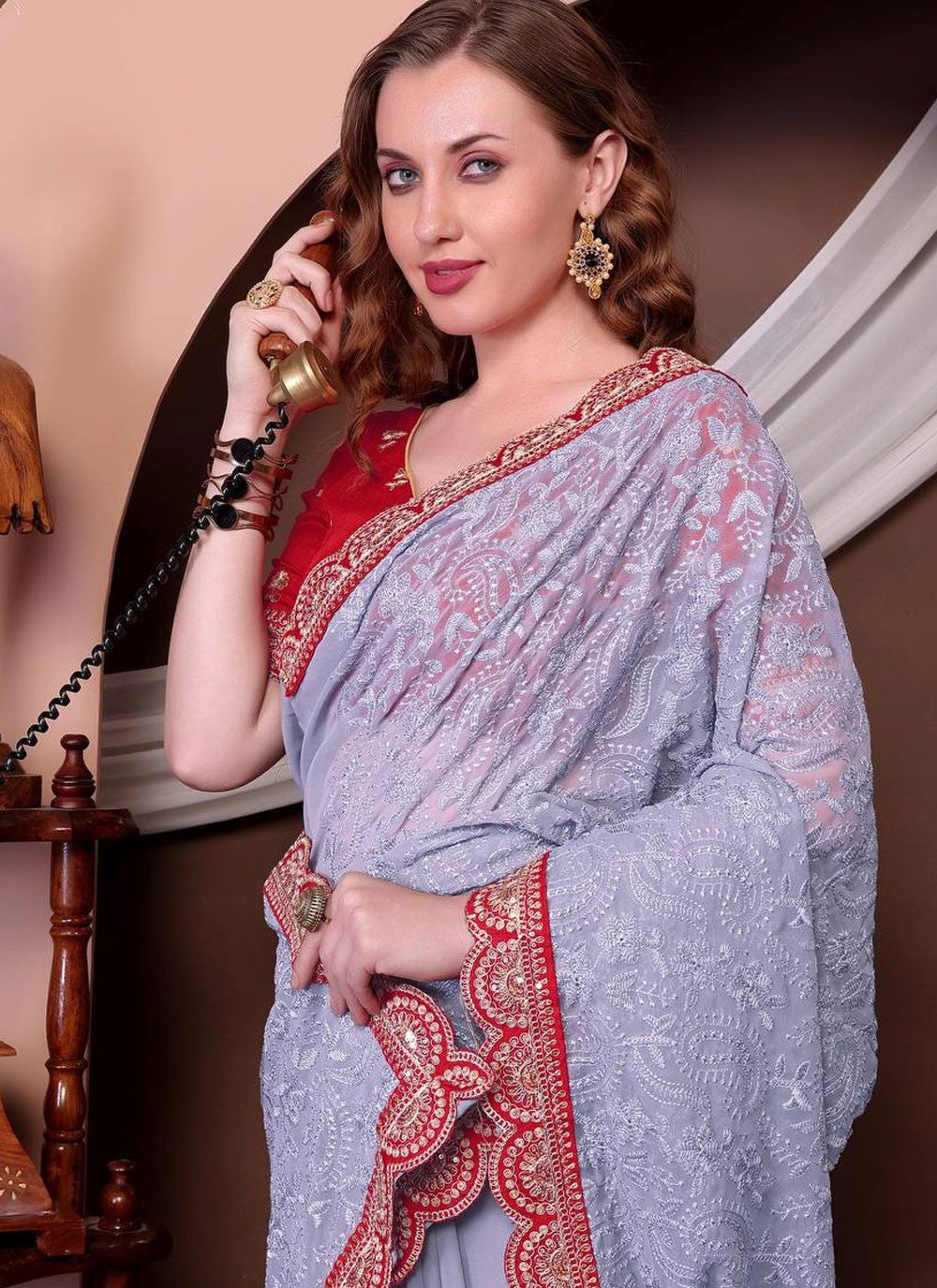 Contemporary Border Work Grey Georgette Saree S12966