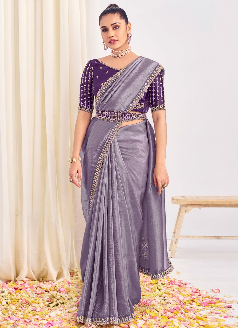 Contemporary Border Work Lavender Silk Saree S12580