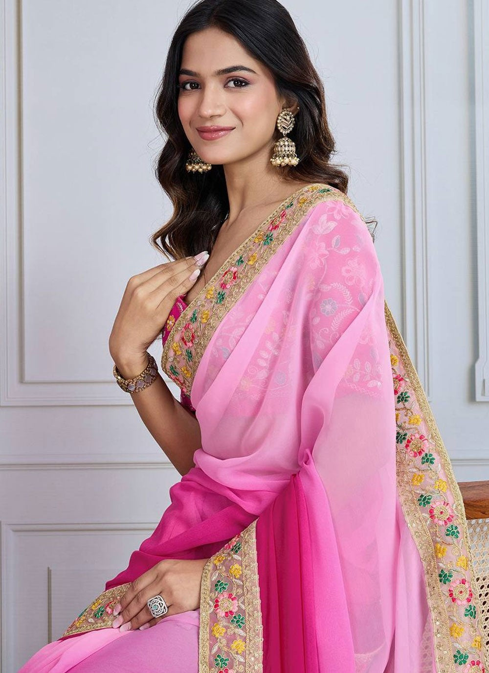 Border Work Georgette Pink Designer Saree S14895