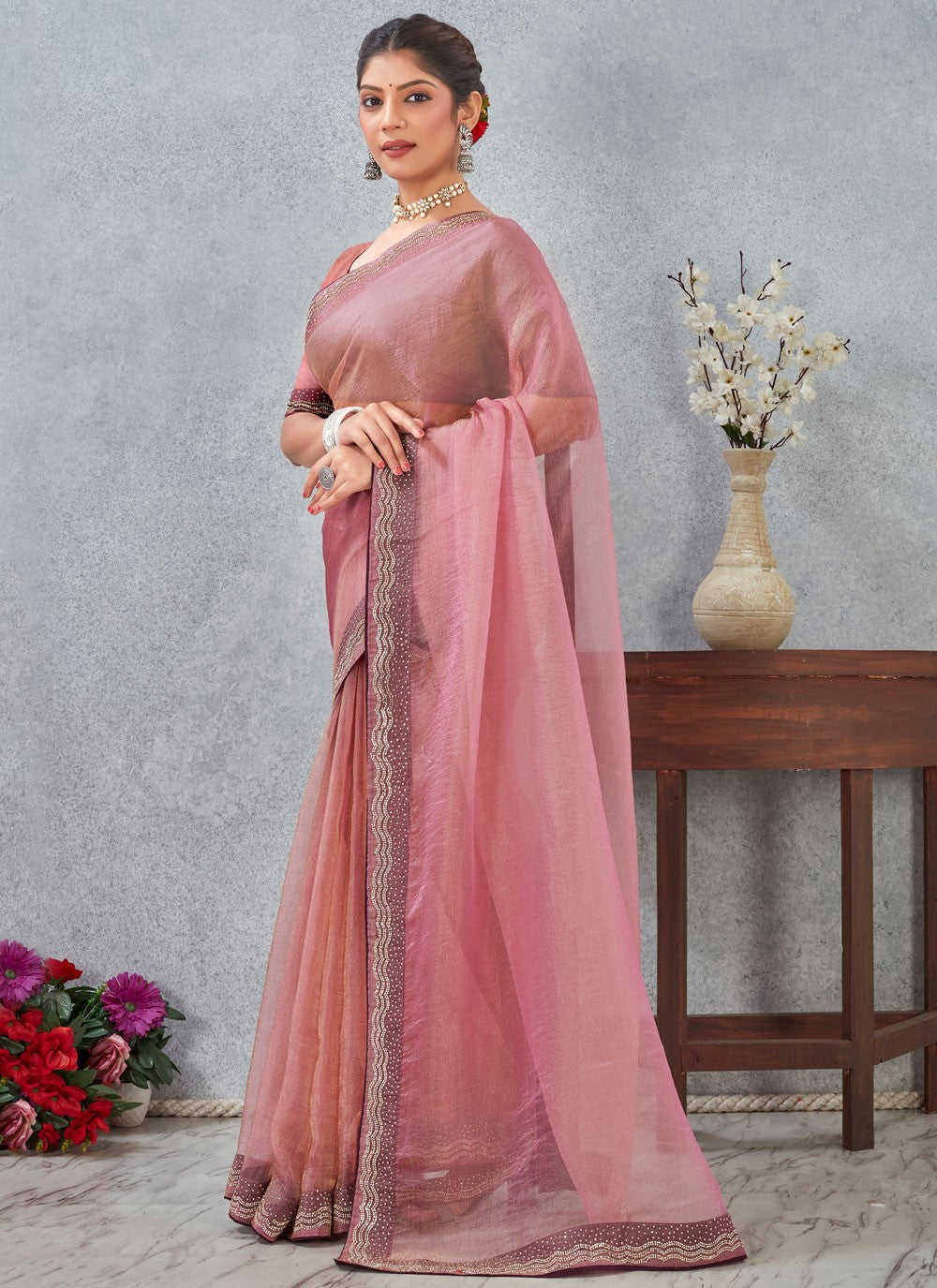 Pink Silk Trendy Saree Border Work, Zircon S20338