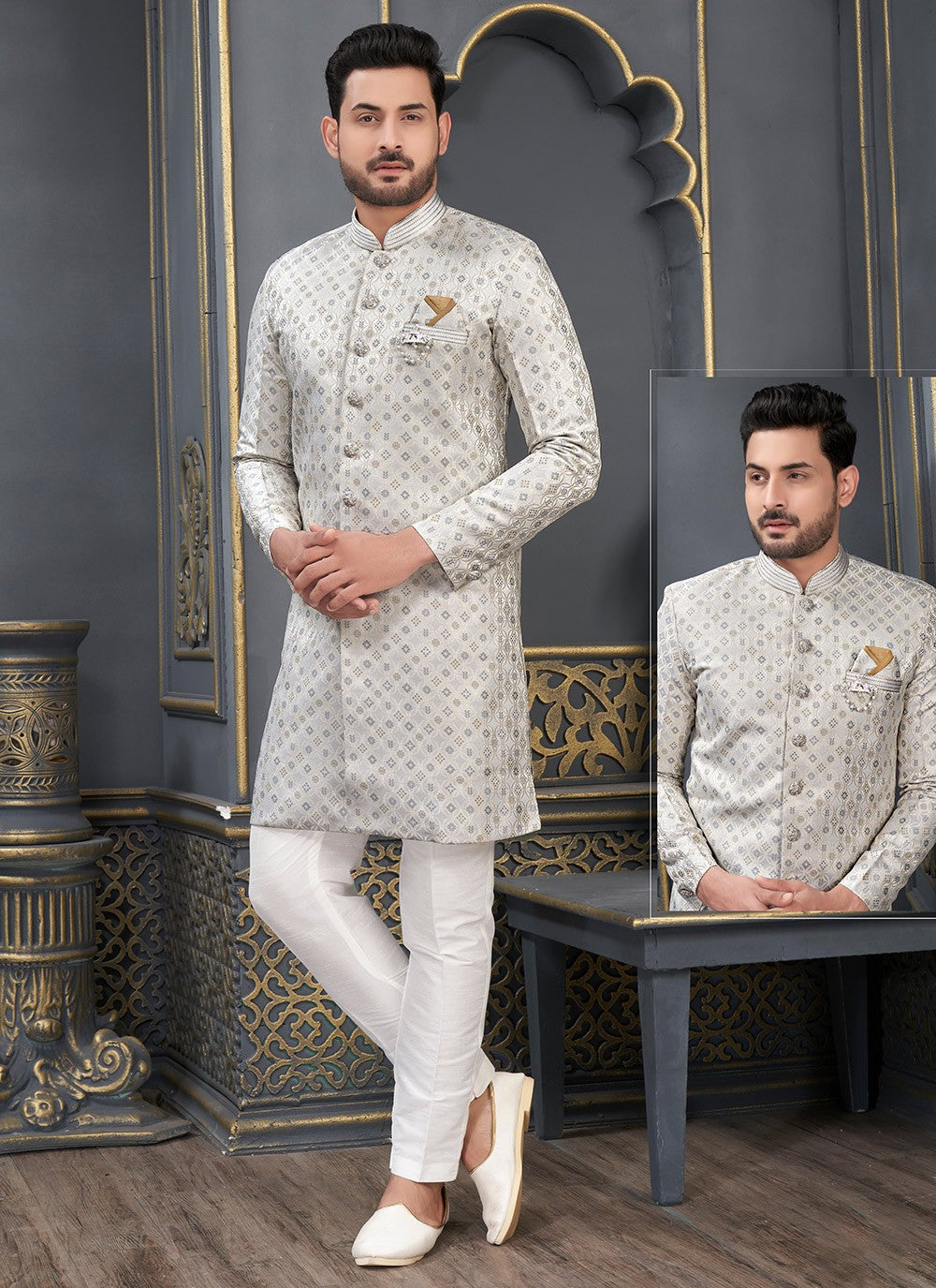 Fancy Work Brocade, Jacquard Silk Grey Indo Western - M6466