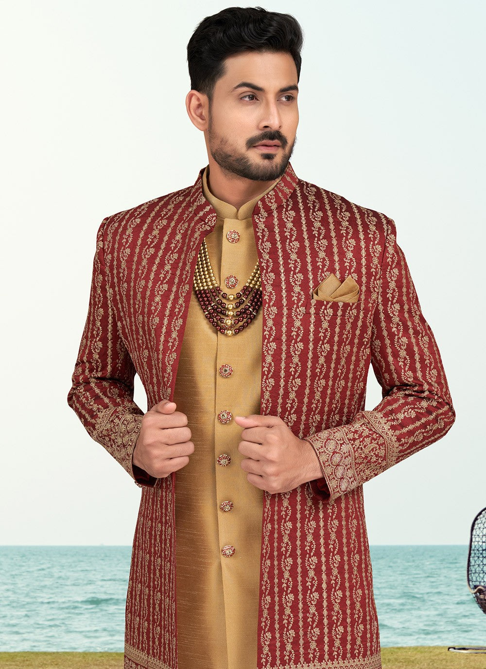 Machine Embroidery Banarasi Silk Brown, Maroon Sherwani - M6765