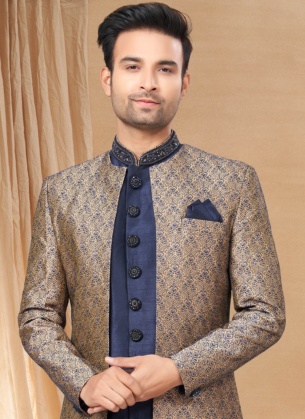 Hand Embroidery Art Silk, Fancy Fabric Brown, Navy Blue Indo Western - M6230