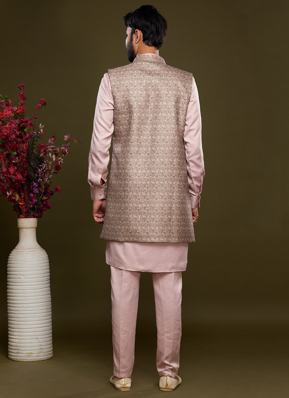 Digital Print Banarasi Silk Brown, Pink Kurta Payjama With Jacket - M6066