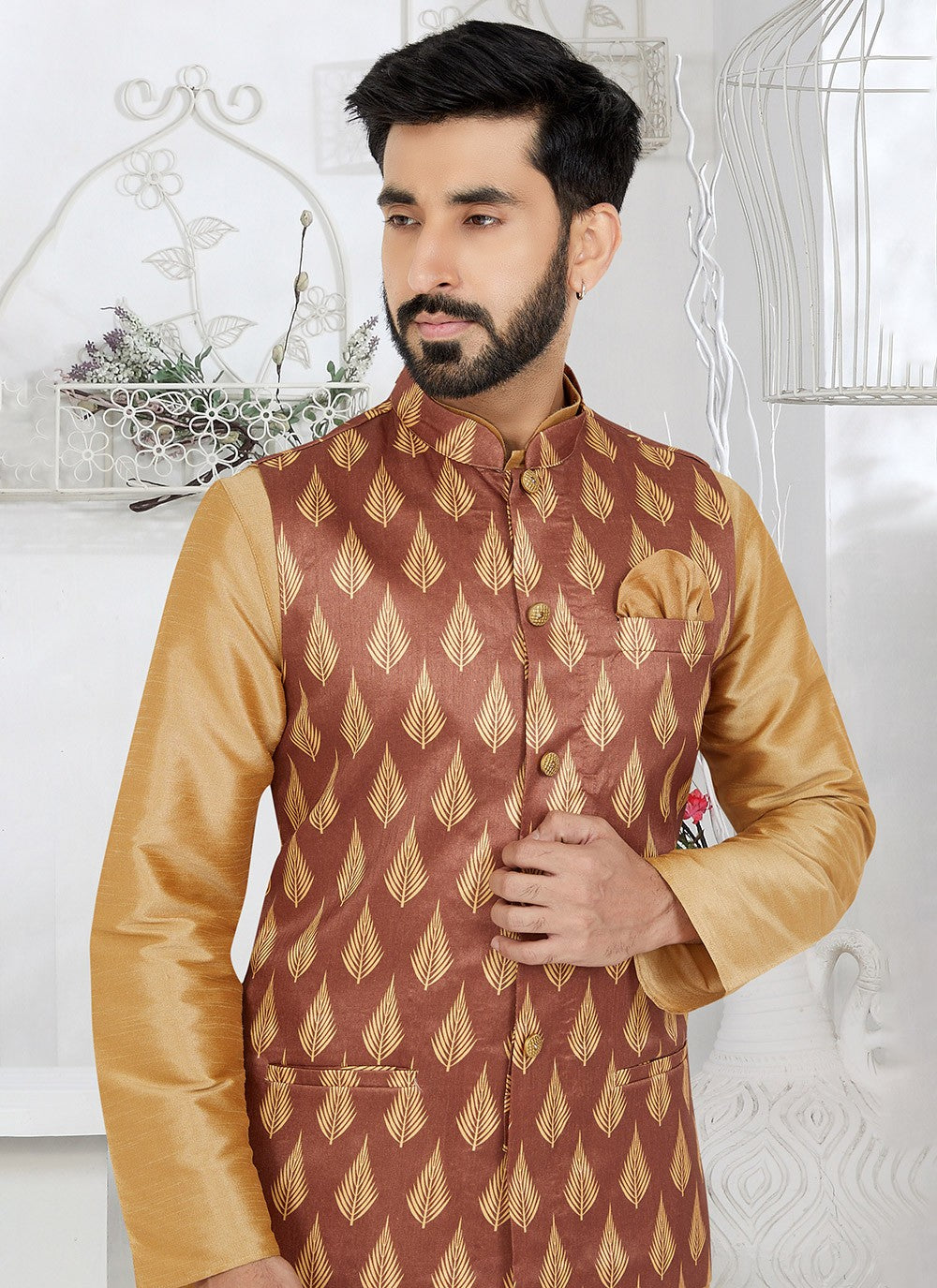 Printed Banarasi Silk Brown Nehru Jackets - M7481