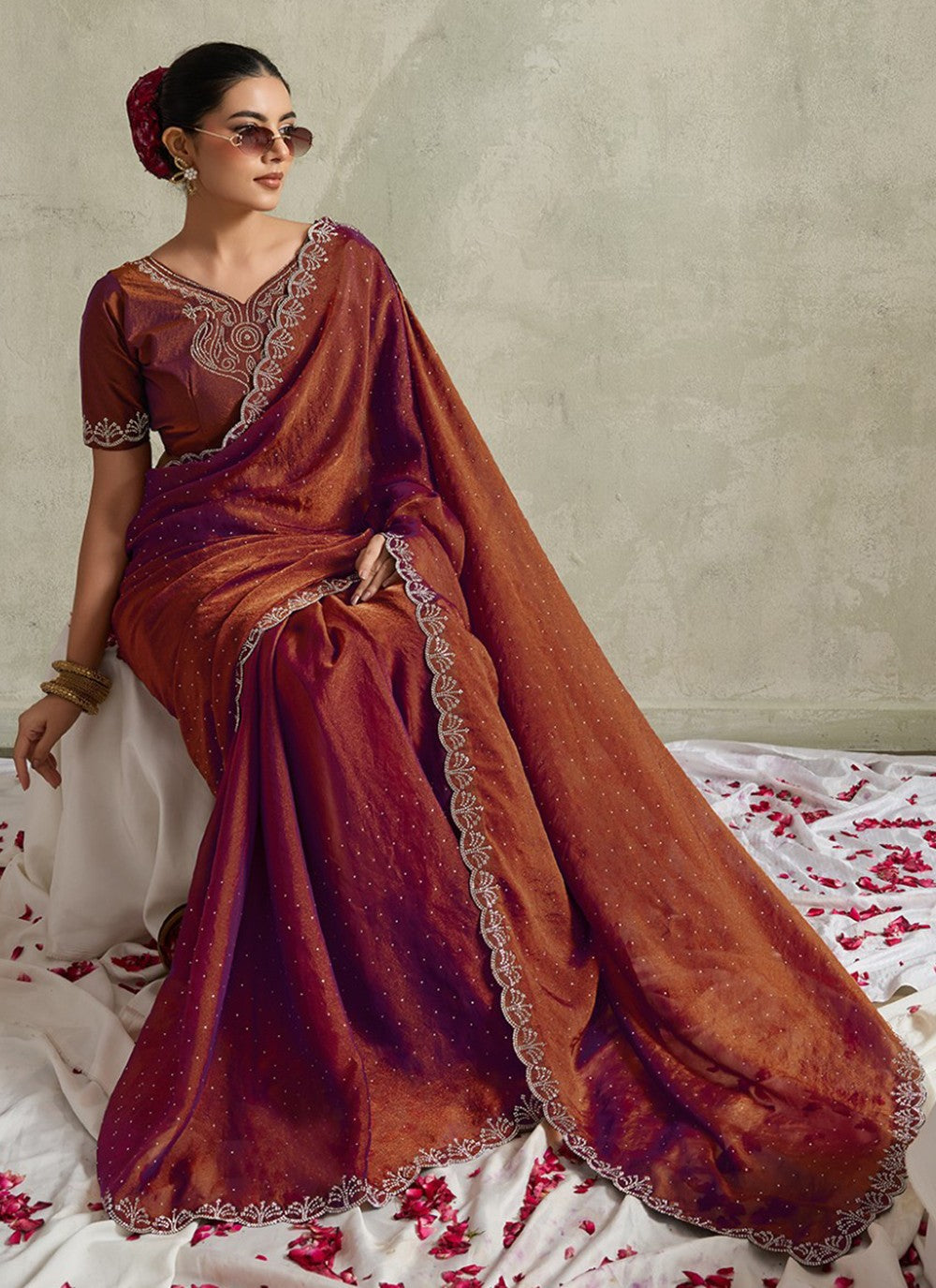 Brown Satin Classic Saree Diamond, Printed S20157