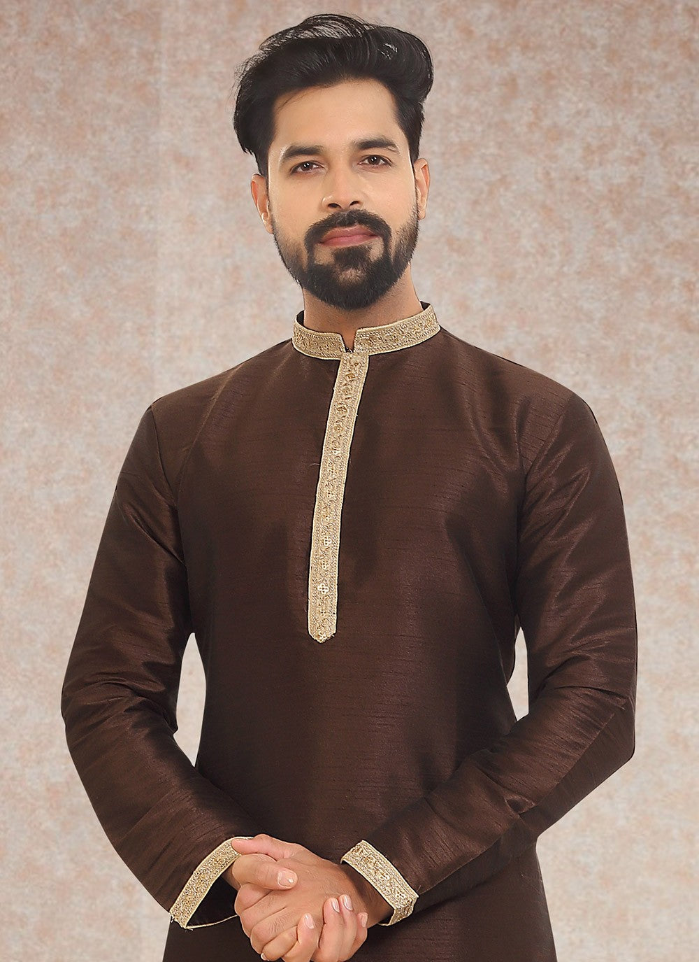 Embroidered Dupion Silk Brown Kurta Pyjama - M3340