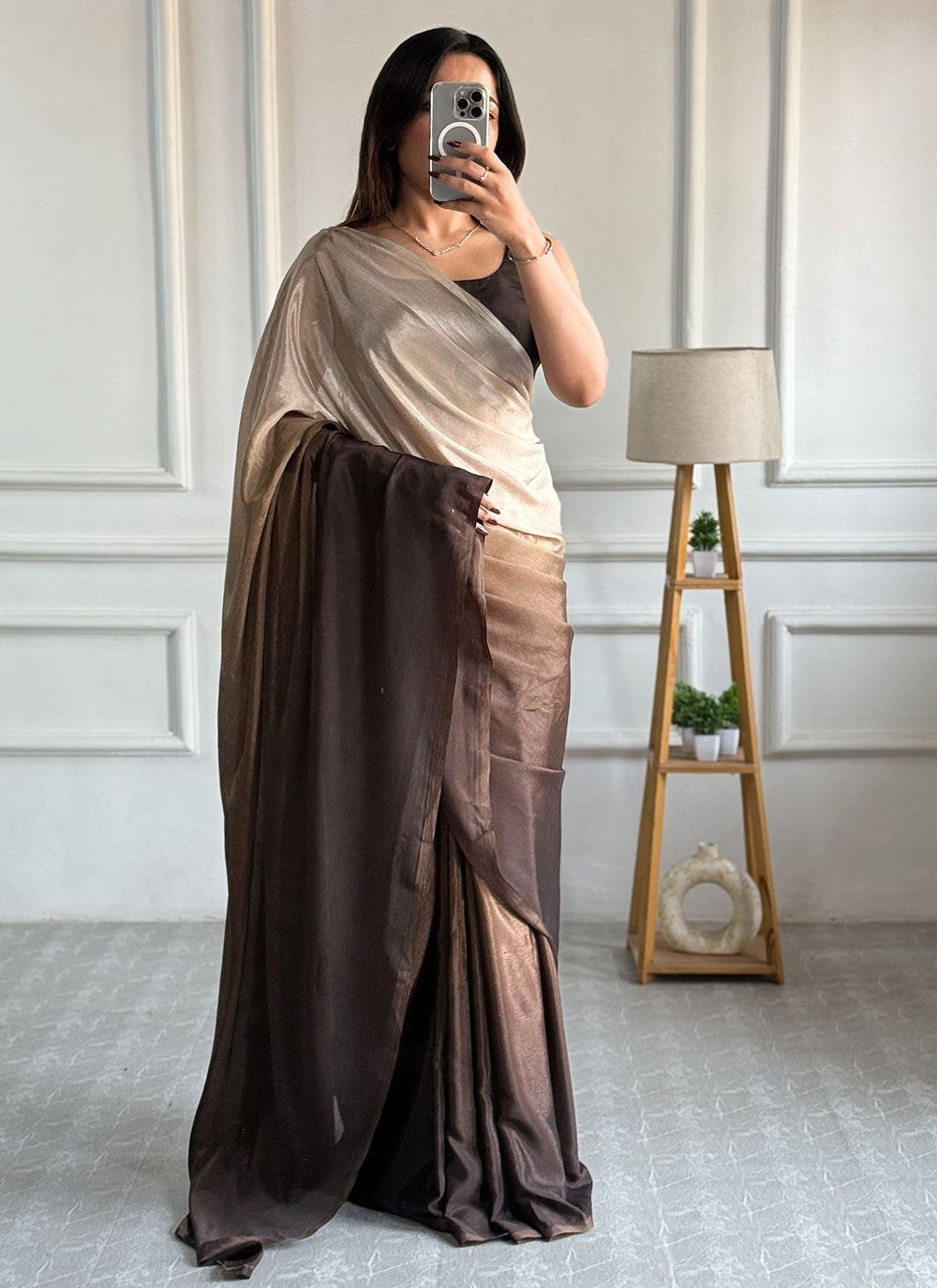Brown Chinon Contemporary Saree Plain S16495