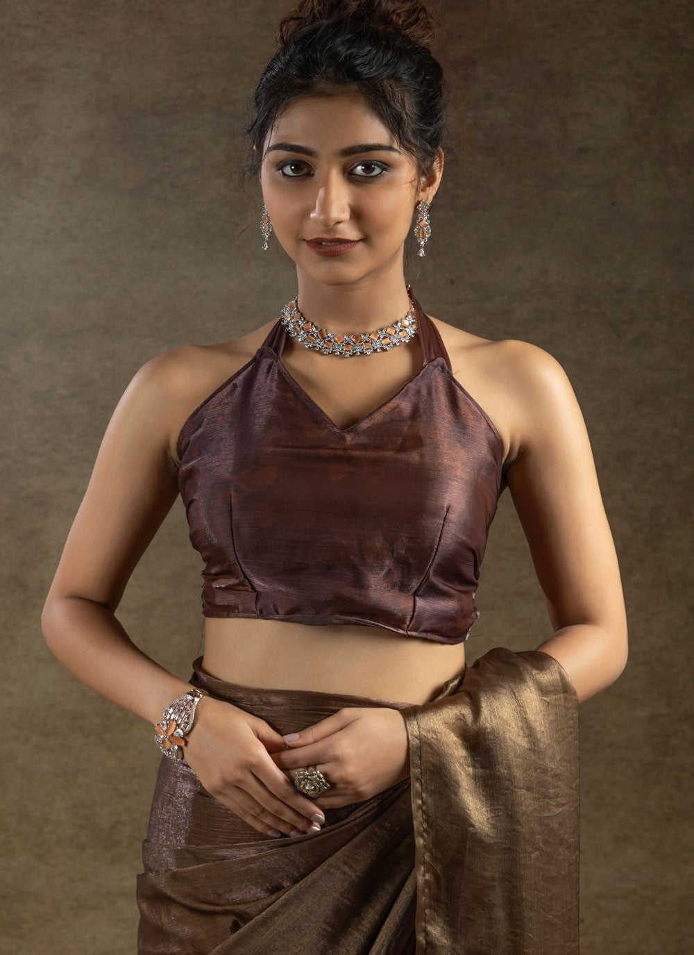 Plain Satin Silk Brown Contemporary Saree S15492