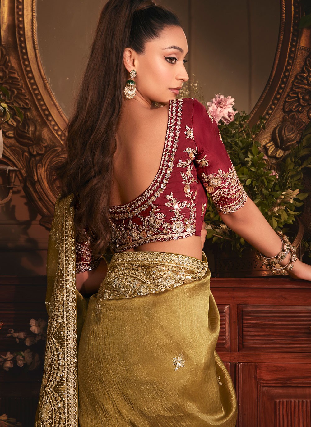 Brown Organza Traditional Saree Border Work, Cut Work, Embroidered, Sequins, Zari S19405