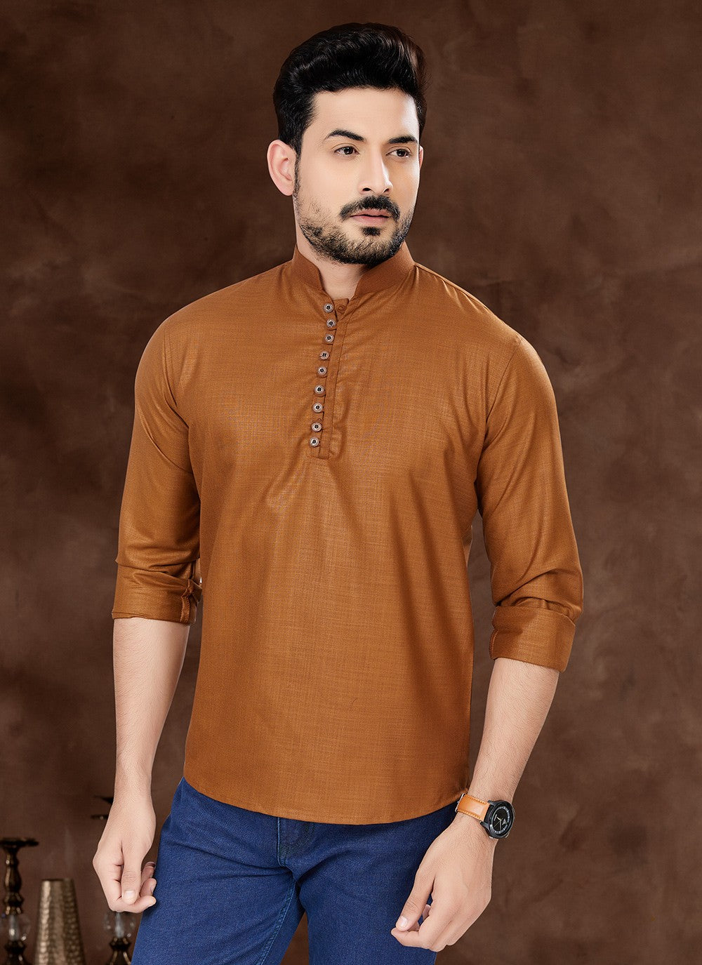 Plain Cotton Brown Short Kurta - M6496