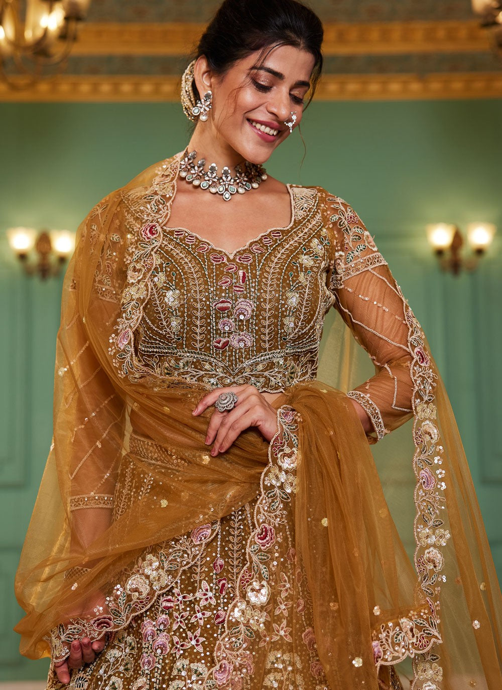 Embroidered Net Brown Lehenga - L3369