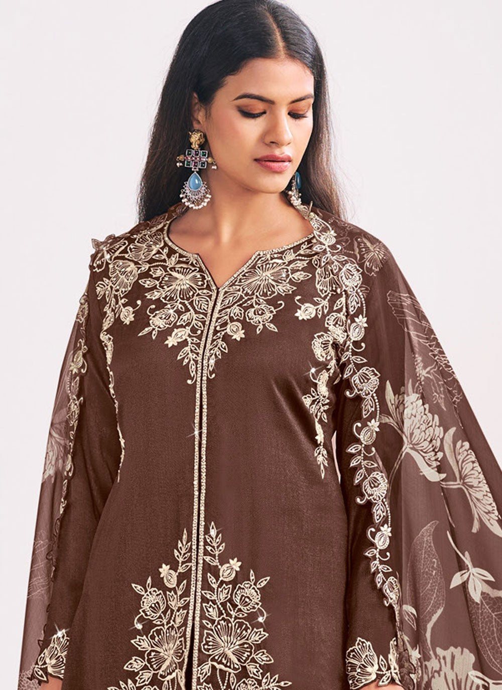 Palazzo Suit Embroidered Brown T8572