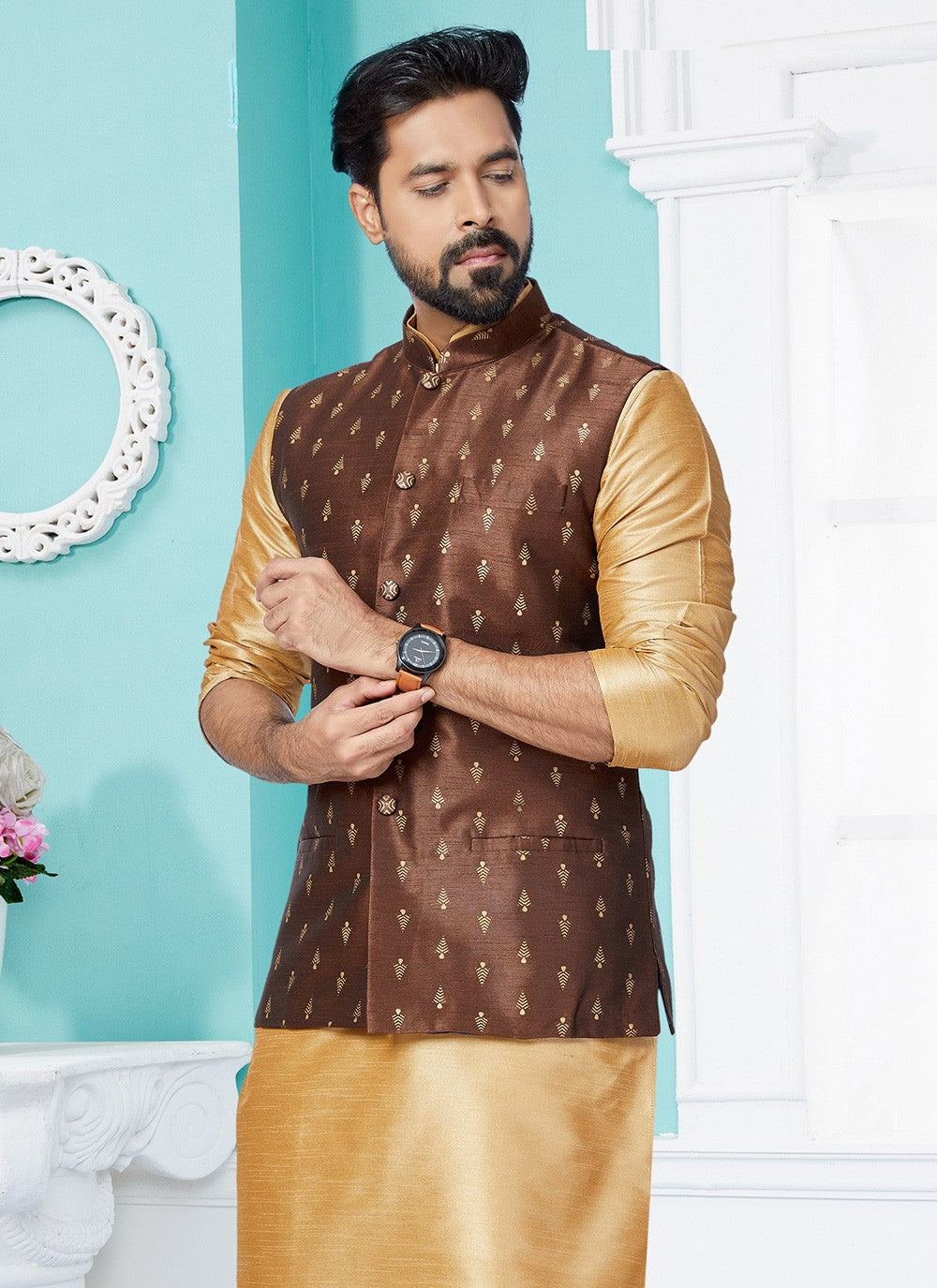 Fancy Work Banarasi Silk Brown Nehru Jackets - M7503