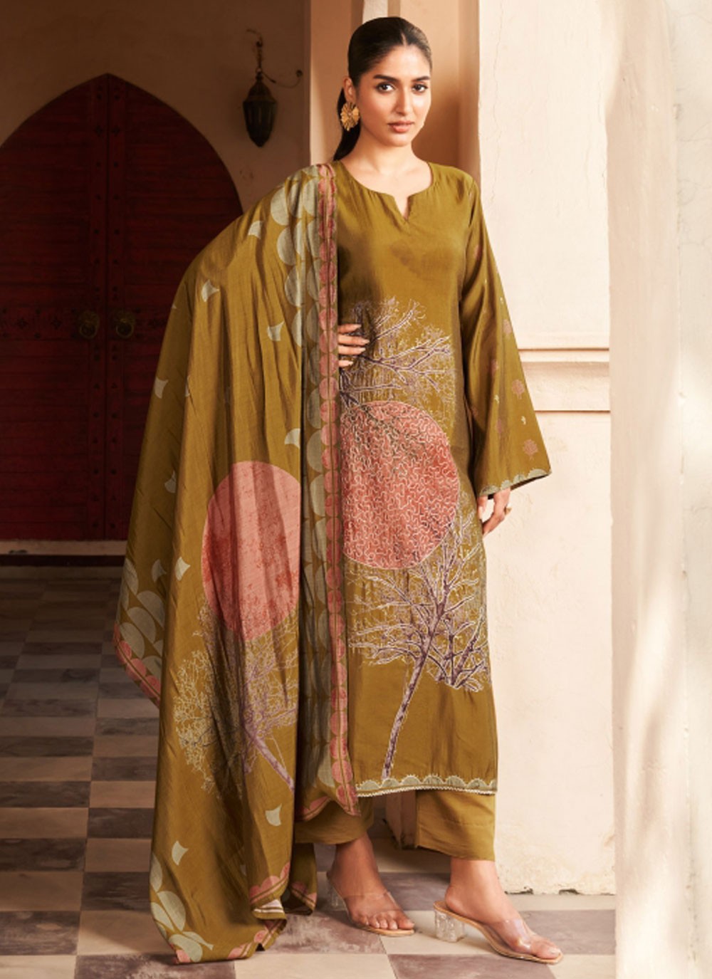 Salwar Suit Embroidered Brown Muslin T5163