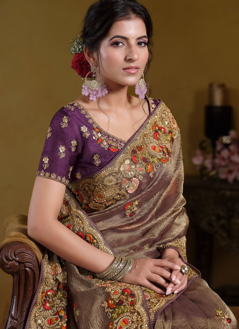 Designer Aari Work Brown Banarasi Silk S12628