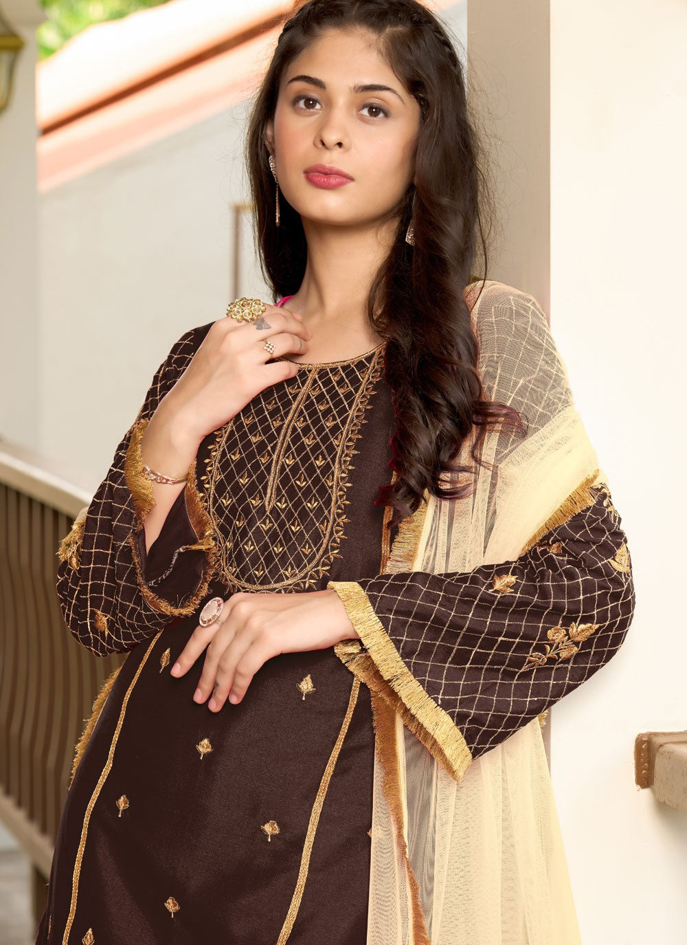 Embroidered Cotton Silk Palazzo Suit - T4411