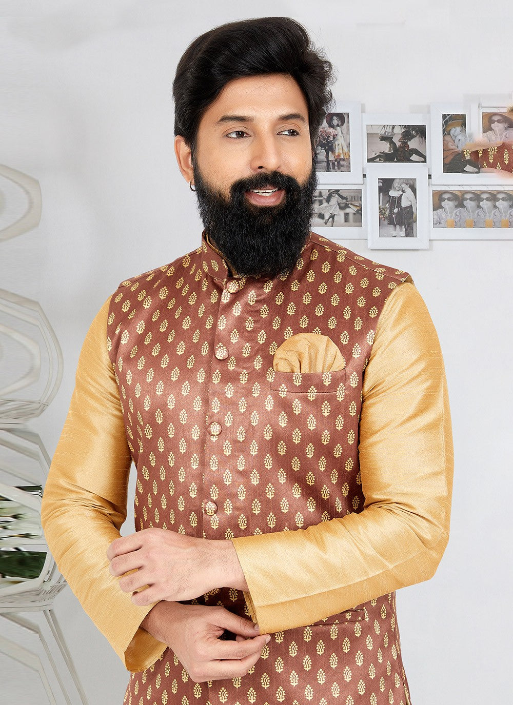 Printed Banarasi Silk Brown Nehru Jackets - M7494