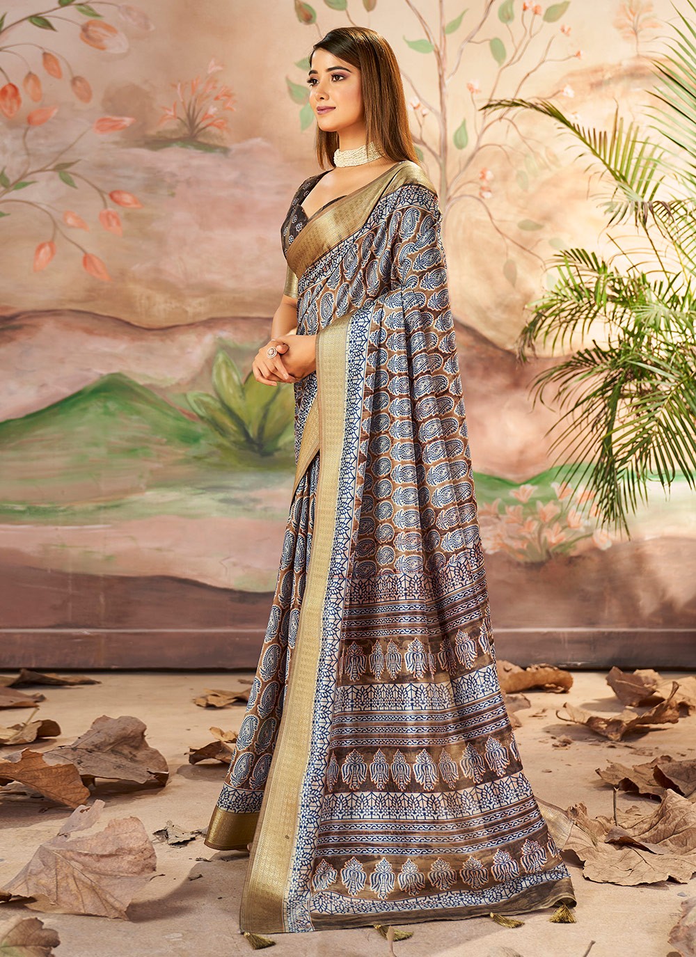 Printed Silk Brown Classic Saree S15373