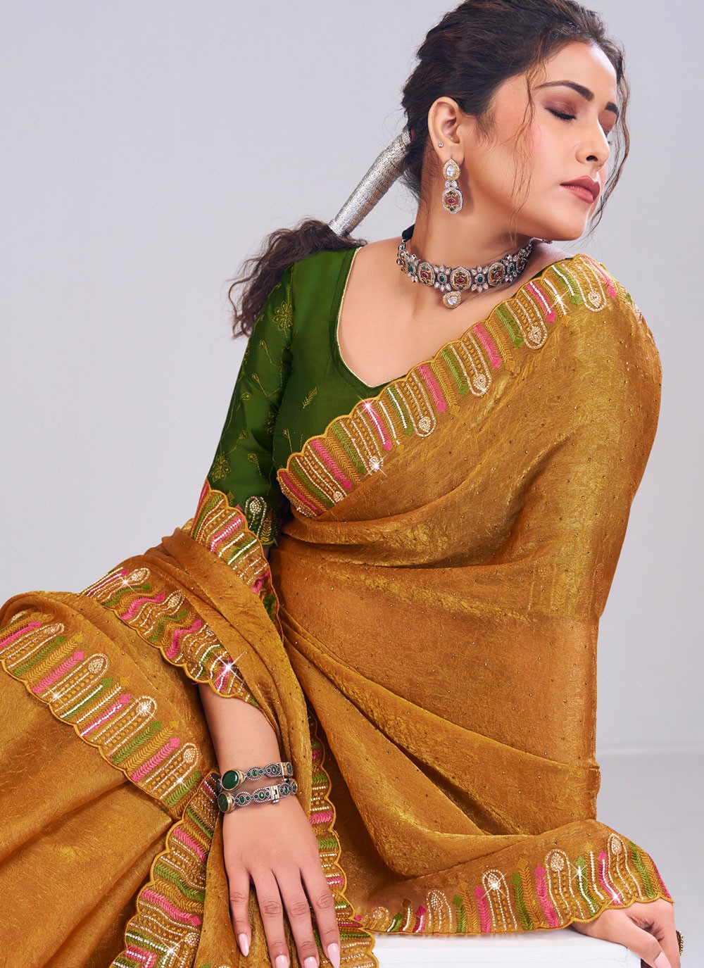 Brown Silk Contemporary Saree Fancy Work S19875