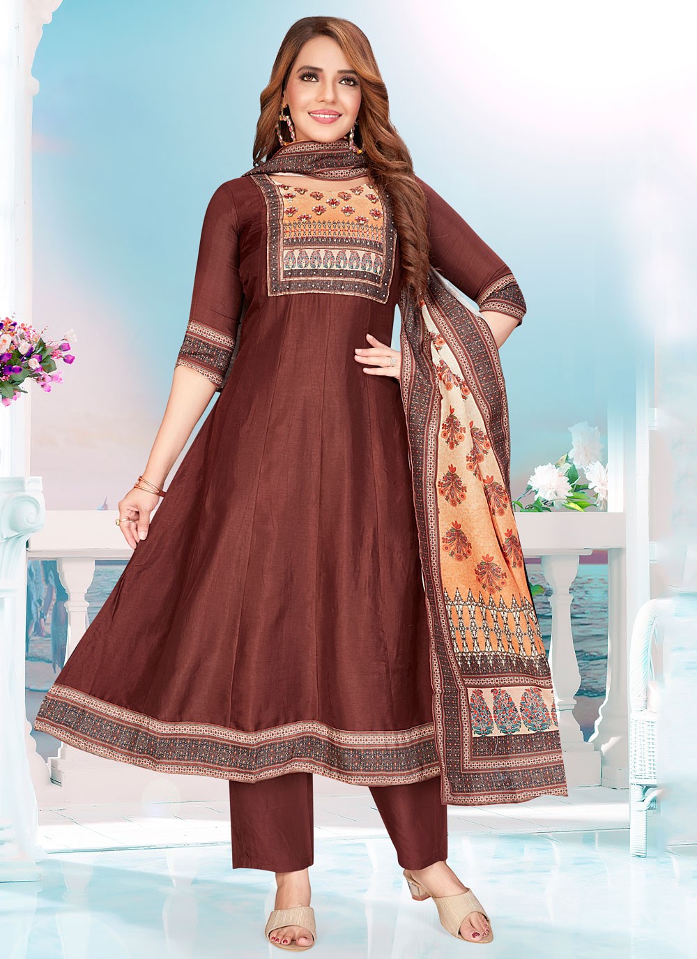 Salwar Suit Printed Brown Silk T5721