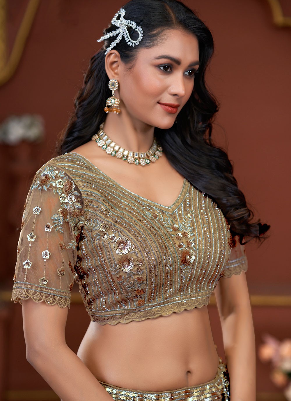 Embroidered Net Brown Lehenga - L3329