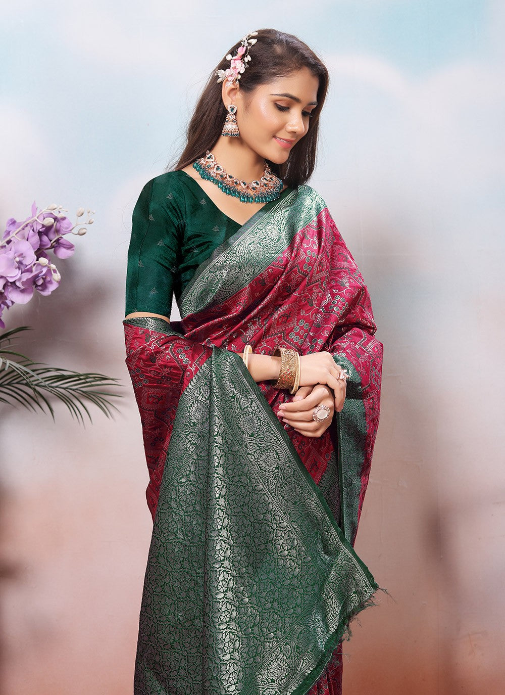 Weaving Zari Silk Burgundy Trendy Saree S15383