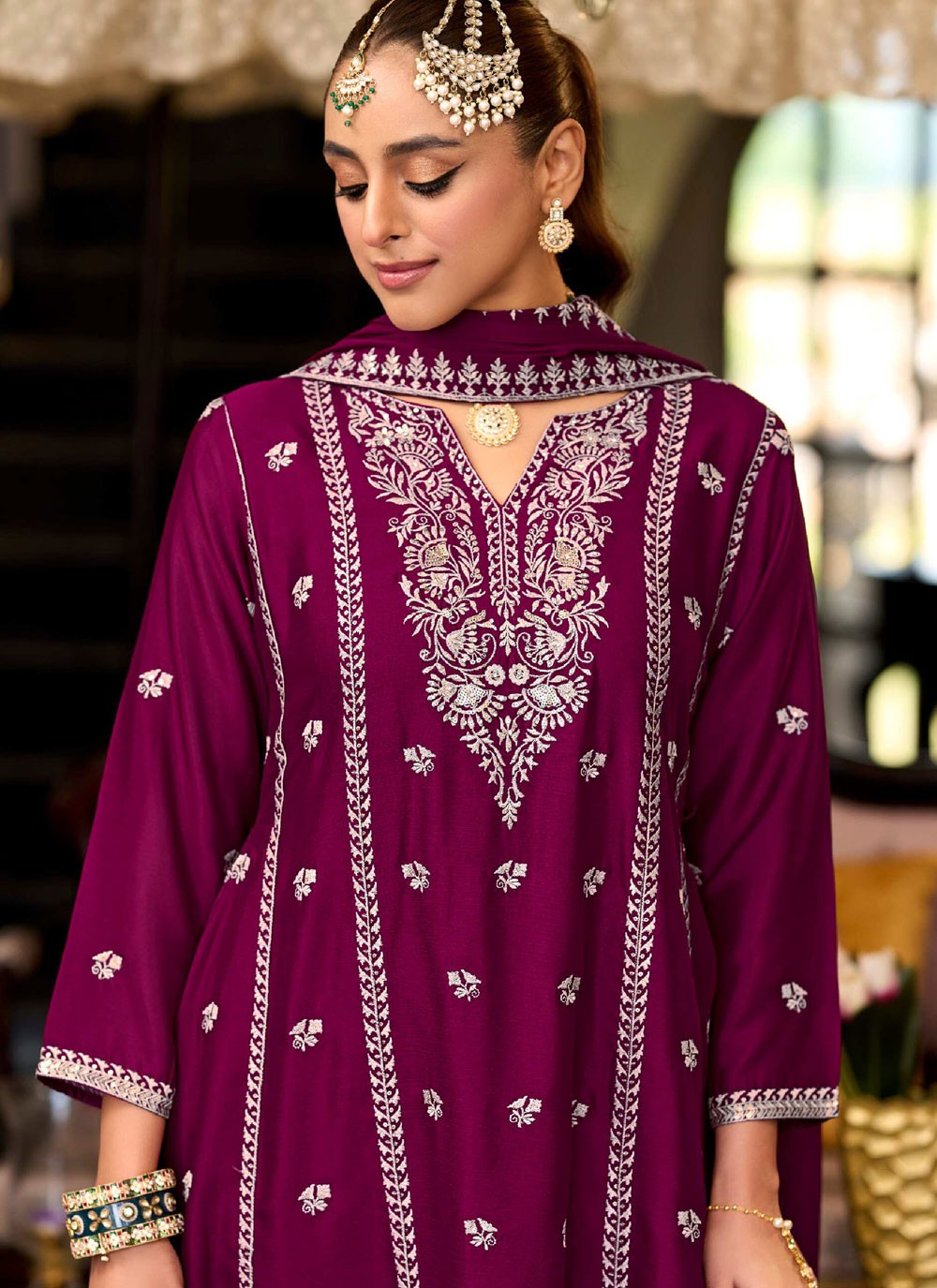 Pant Style Suit Embroidered Burgundy T7046