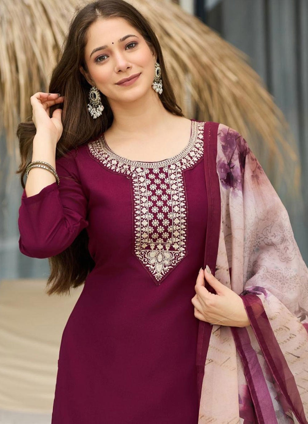 Pant Style Suit Embroidered Burgundy T8123