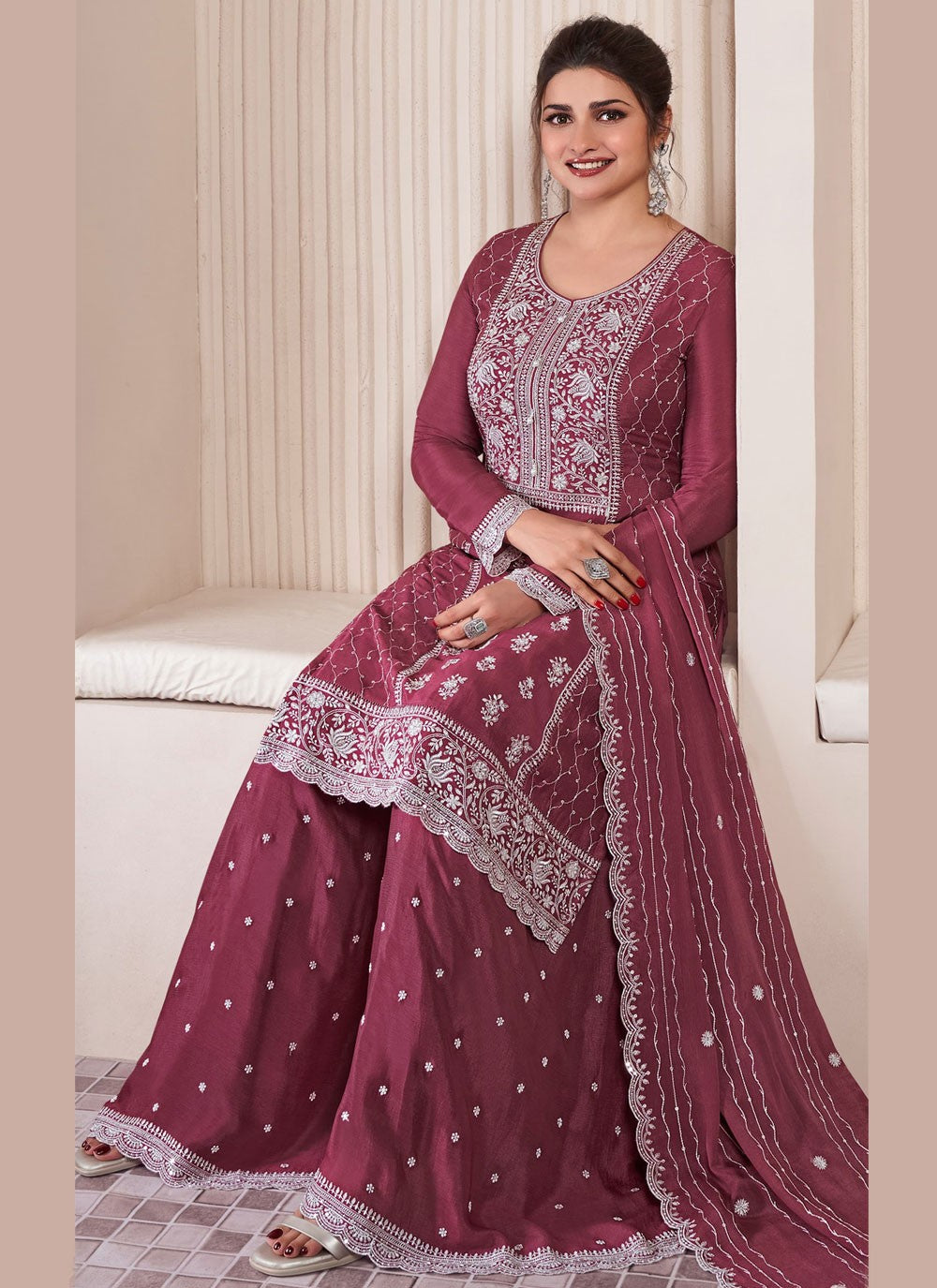 Sharara Suit Embroidered, Thread Burgundy T7058