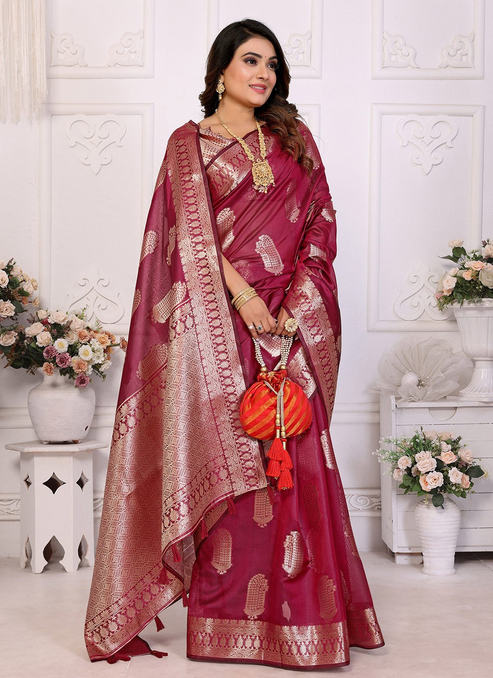 Classic Saree Woven Burgundy Organza Saree S13620