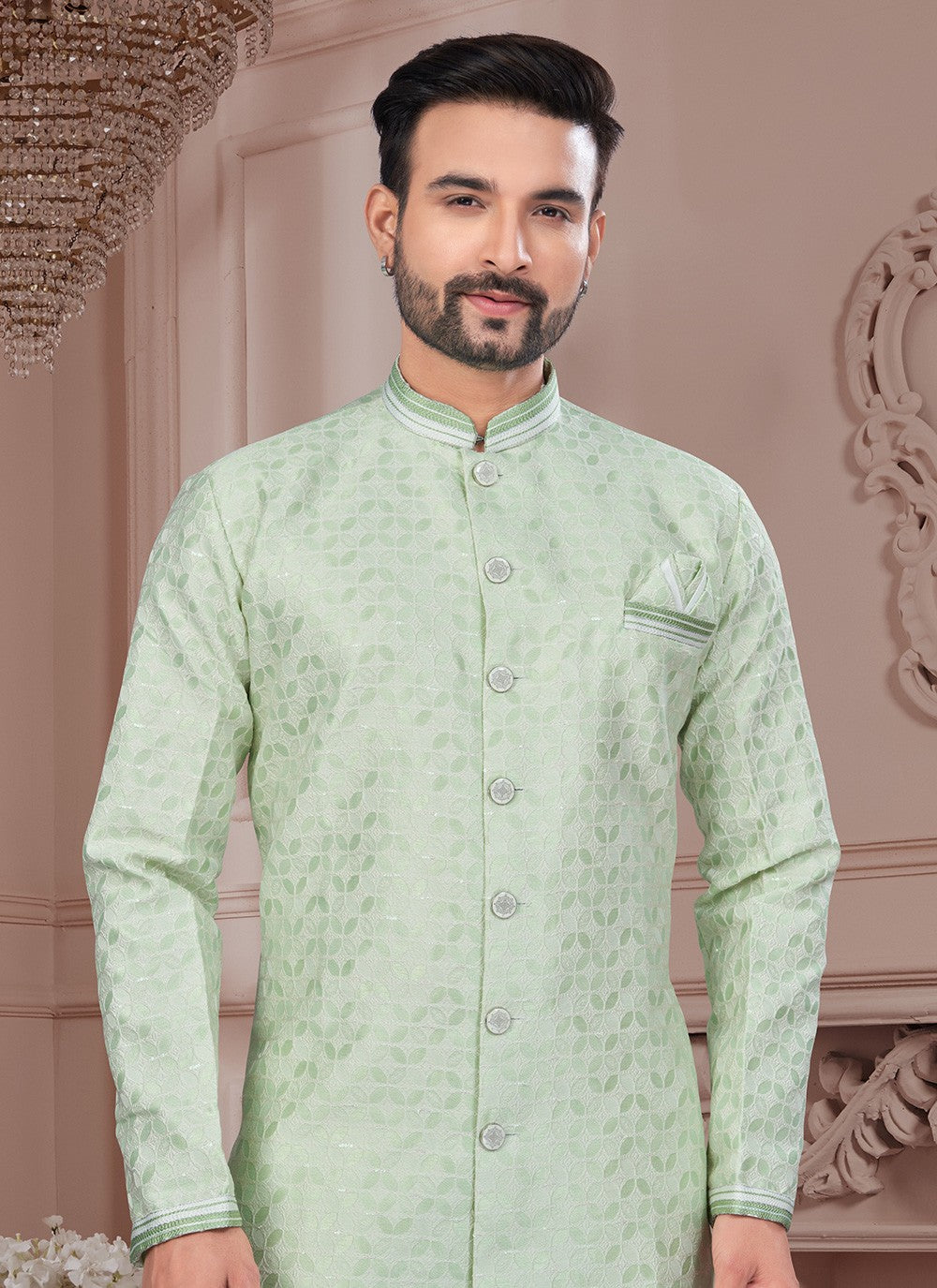 Buttons Jacquard Sea Green Indo Western - M8655