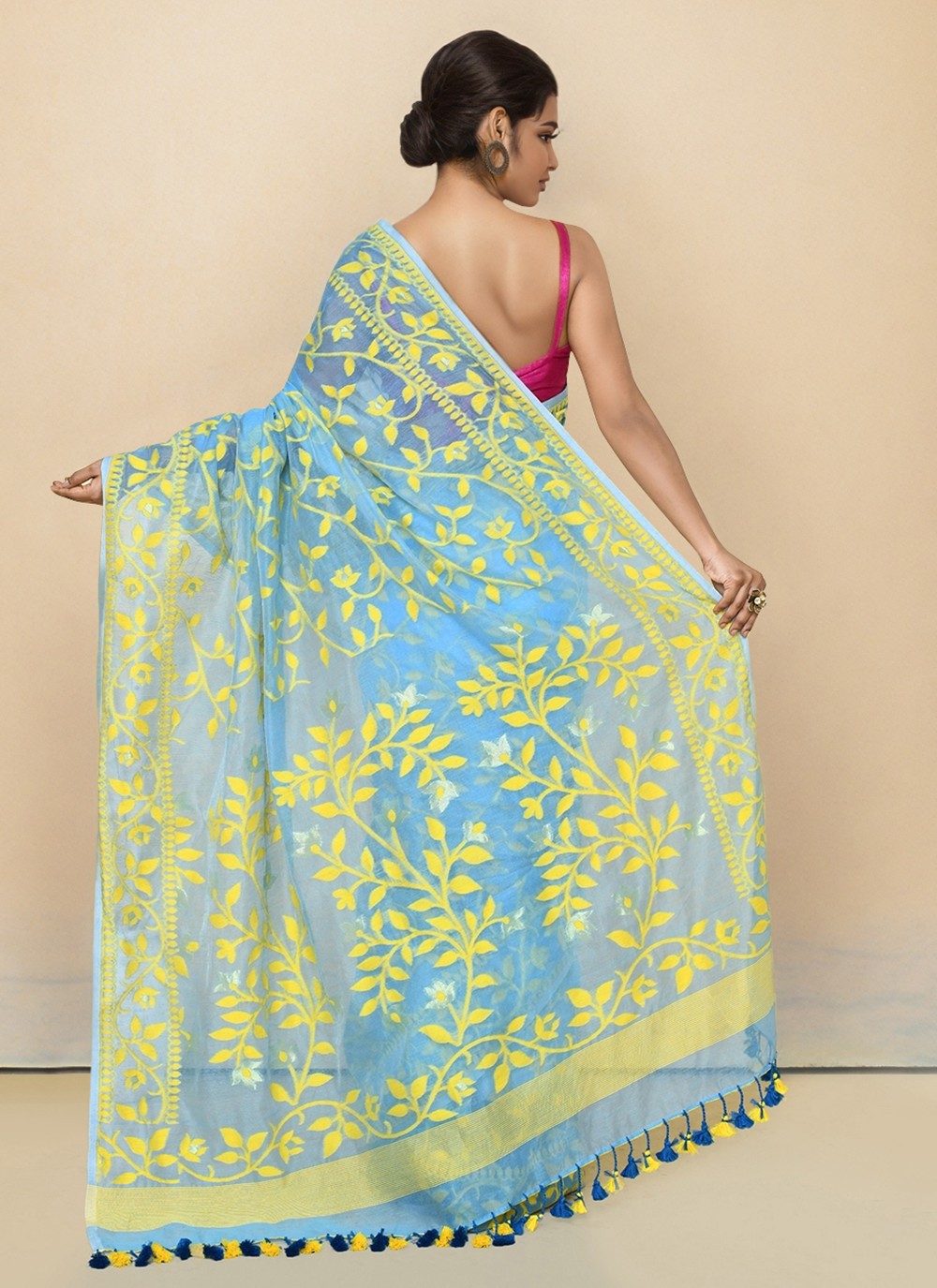 Aqua Blue Chanderi Cotton Classic Saree Floral Printed S19997