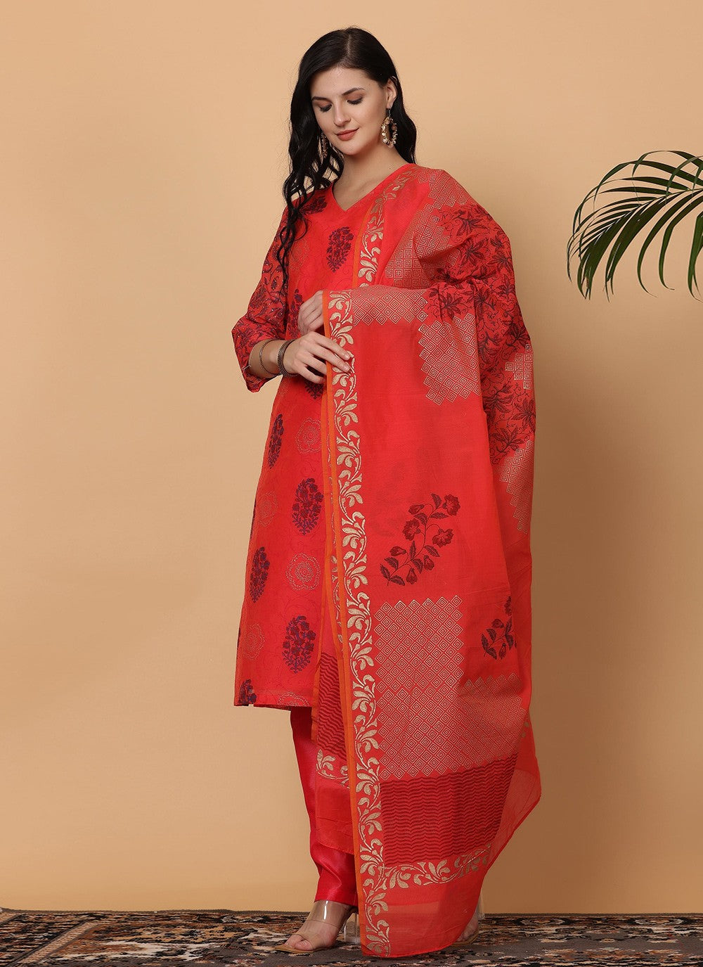Printed Chanderi Red Salwar Suit T5939