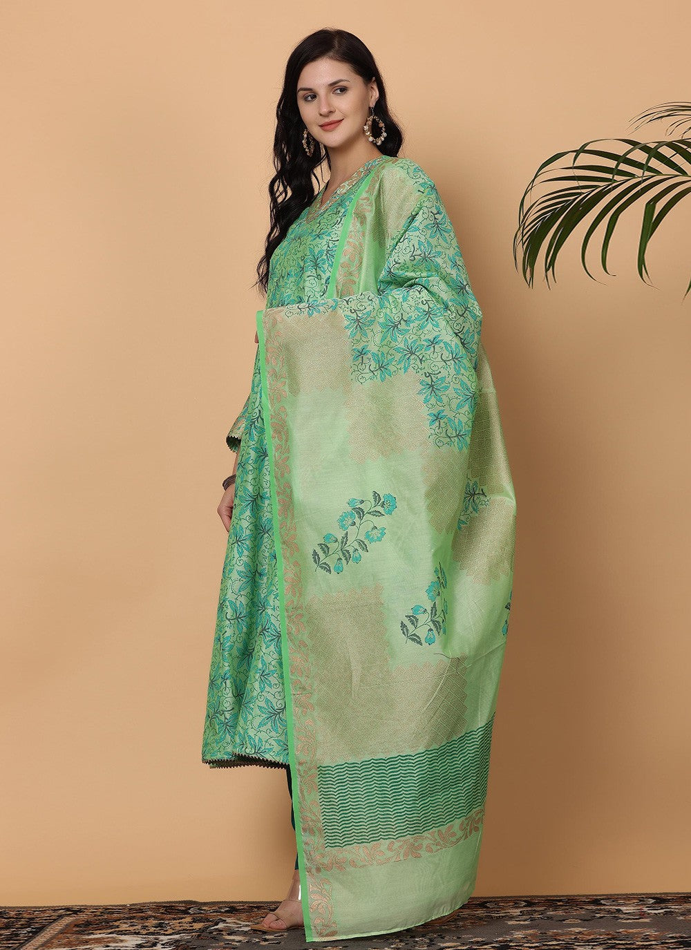 Printed Chanderi Sea Green Salwar Suit T5935
