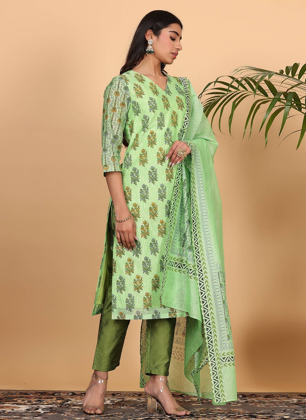 Printed Chanderi Sea Green Salwar Suit T5944