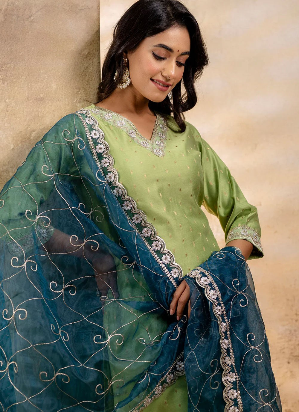 Pant Style Suit Embroidered Green T7033