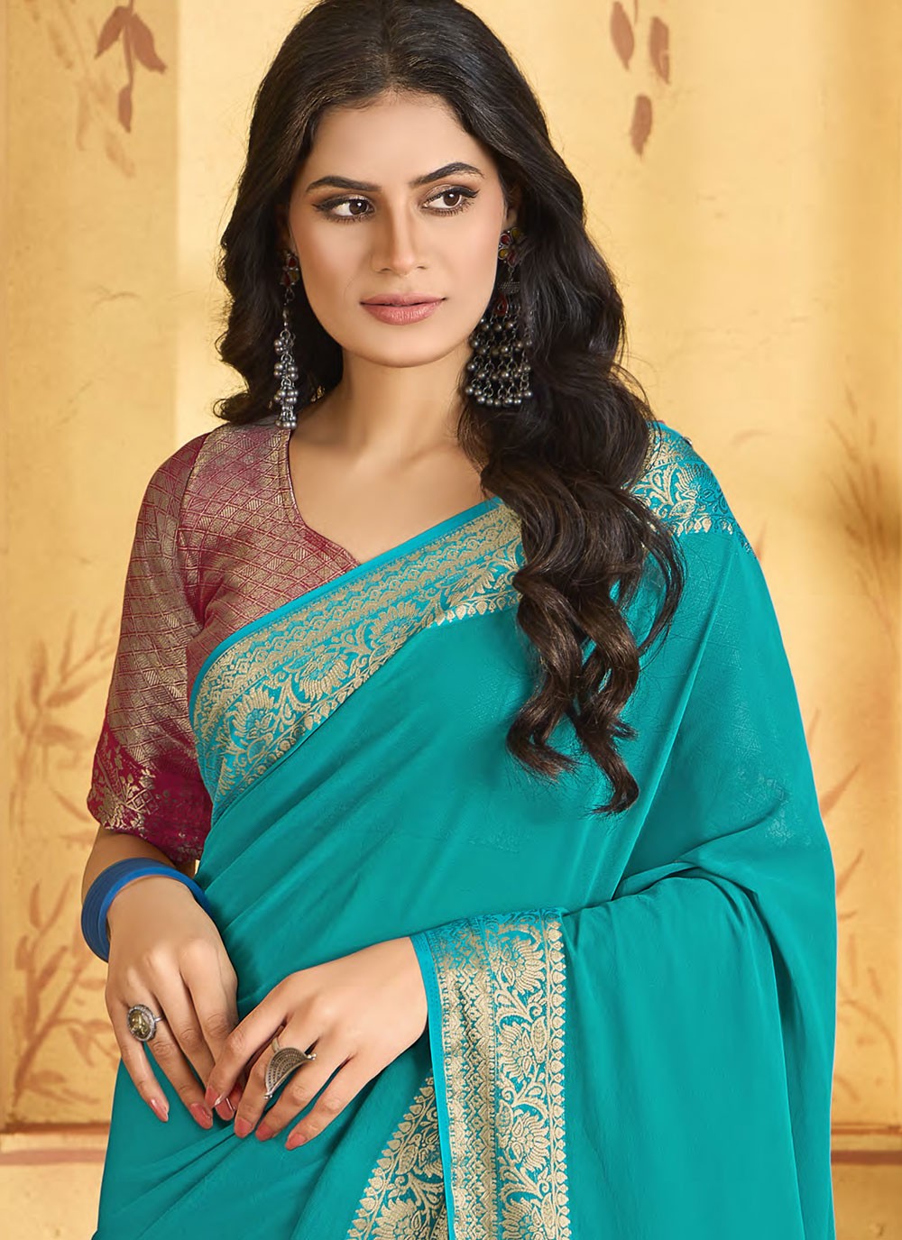 Designer Jacquard Work Aqua Blue Chiffon Saree S13345